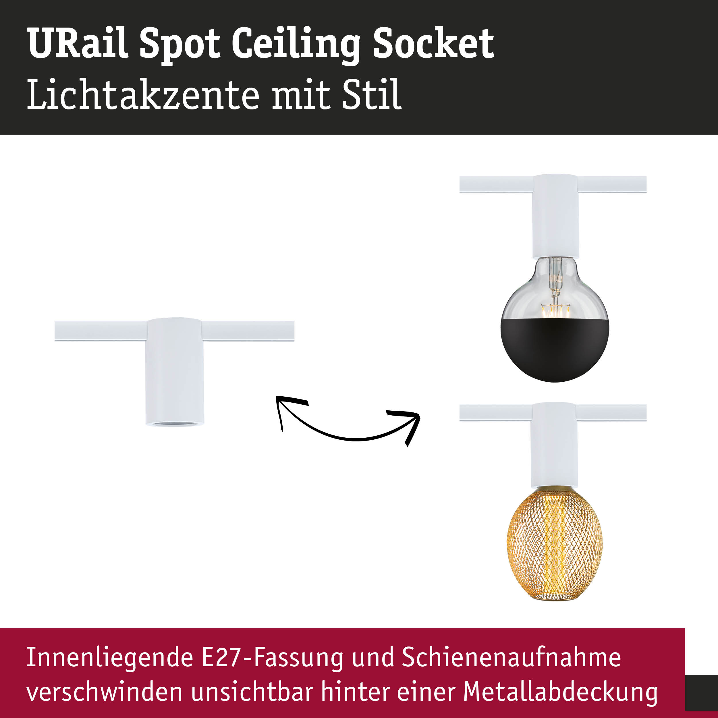 URail Spot Deckenfassung in Weiß mit E27-Fassung für stilvolle Lichtakzente und Schienensystem