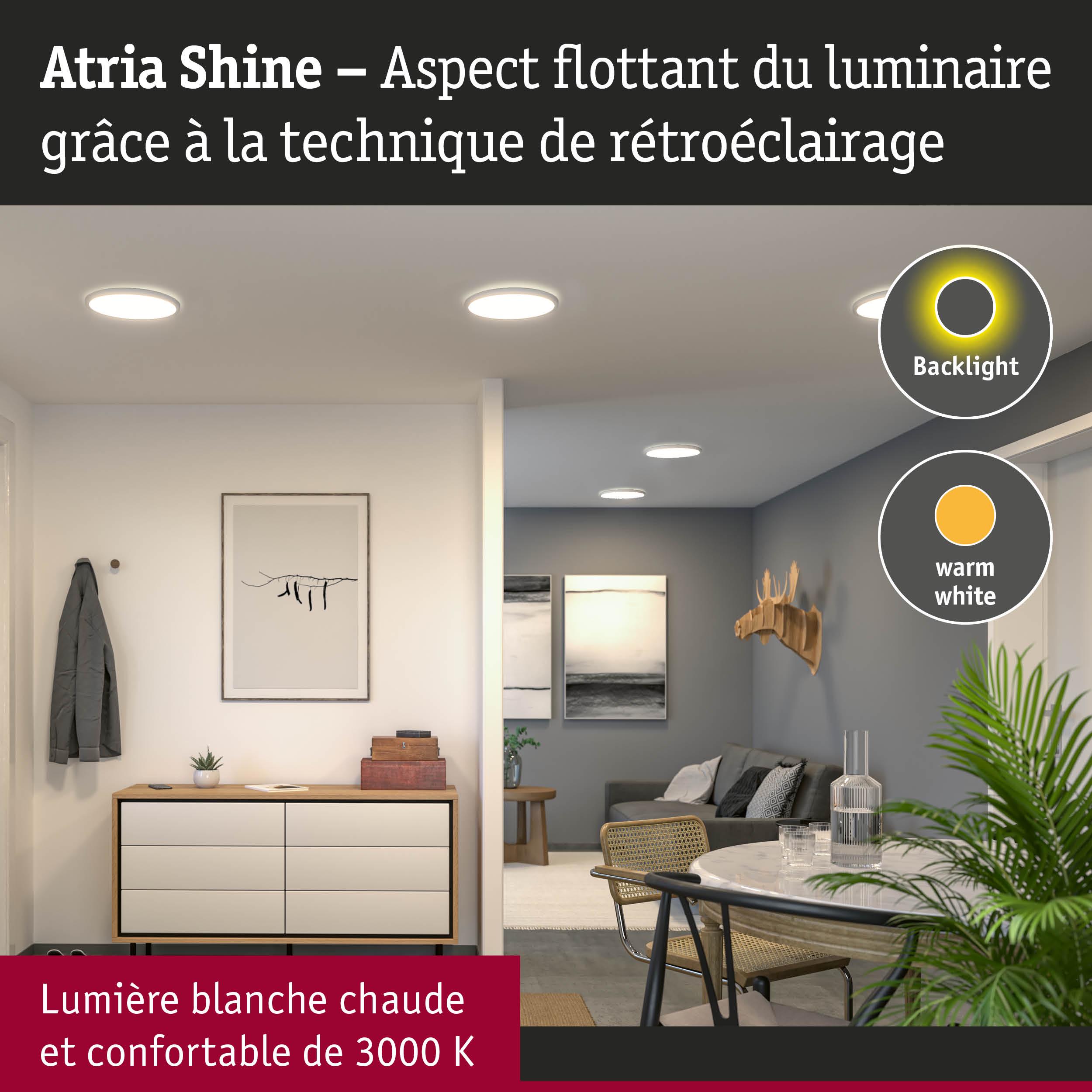 Luminaires LED Atria Shine avec lumière blanche chaude 3000K et rétroéclairage dans un salon moderne.