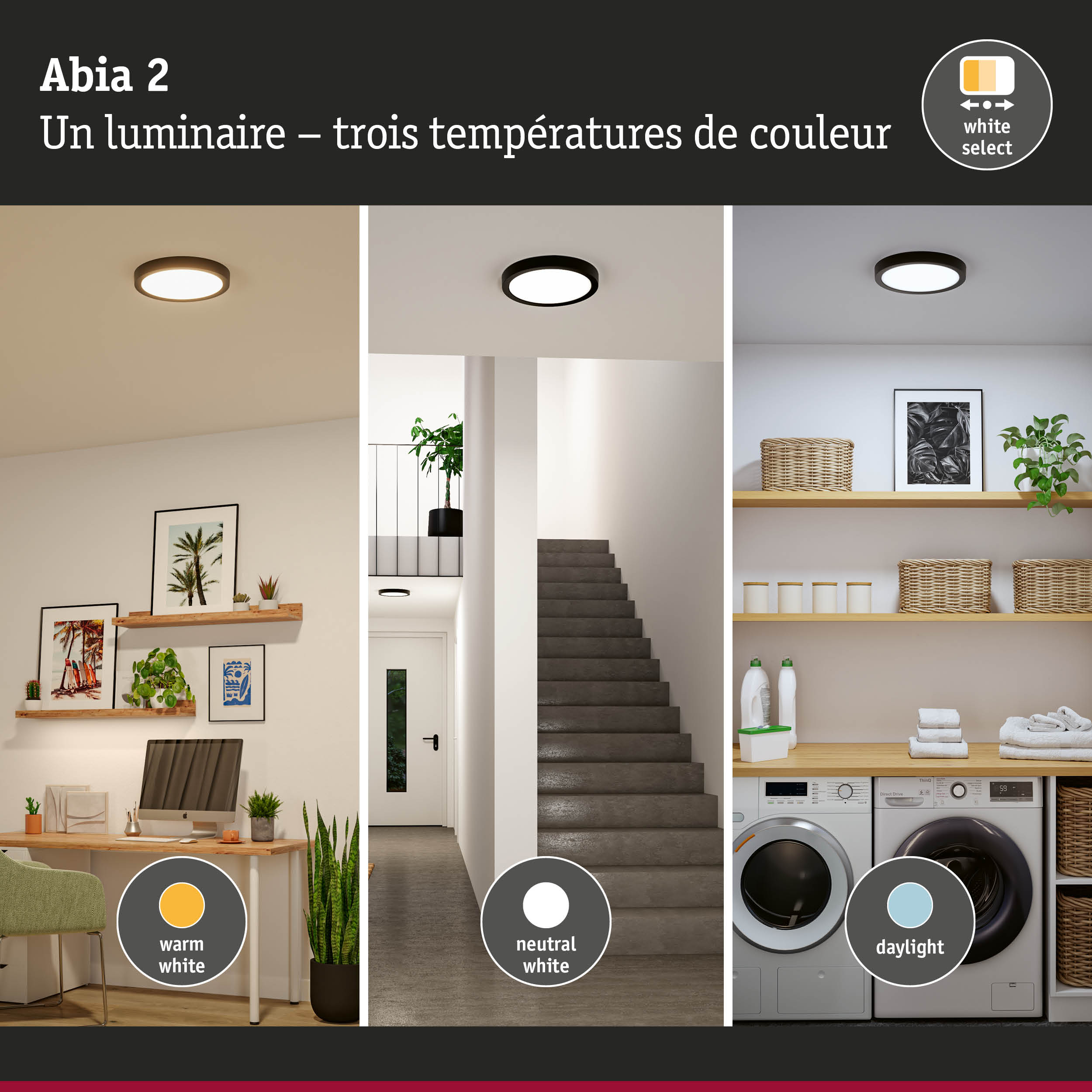 Plafonnier Abia 2 noir avec trois températures de couleur réglables pour intérieur