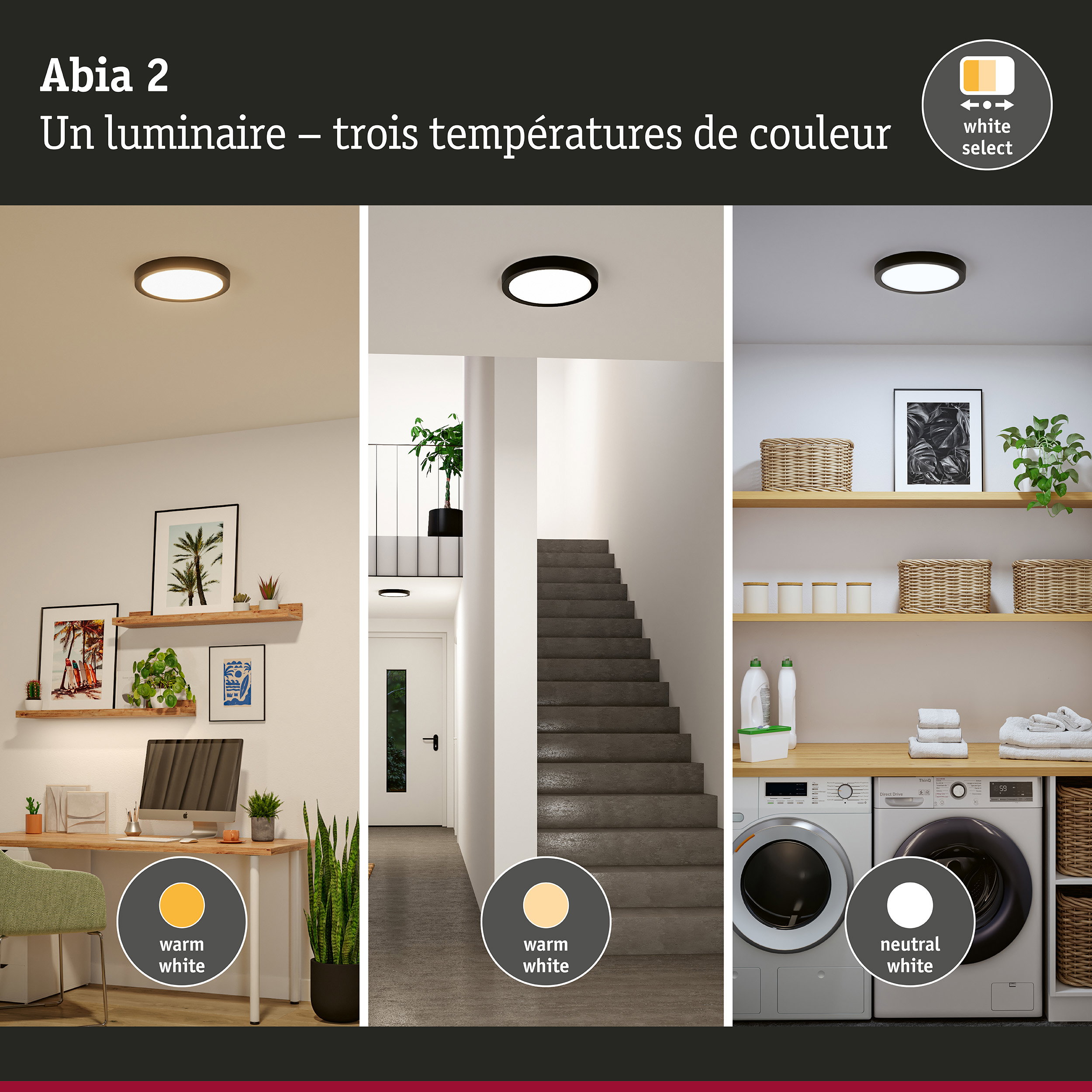 Plafonnier Abia 2 noir avec trois températures de couleur réglables pour intérieur
