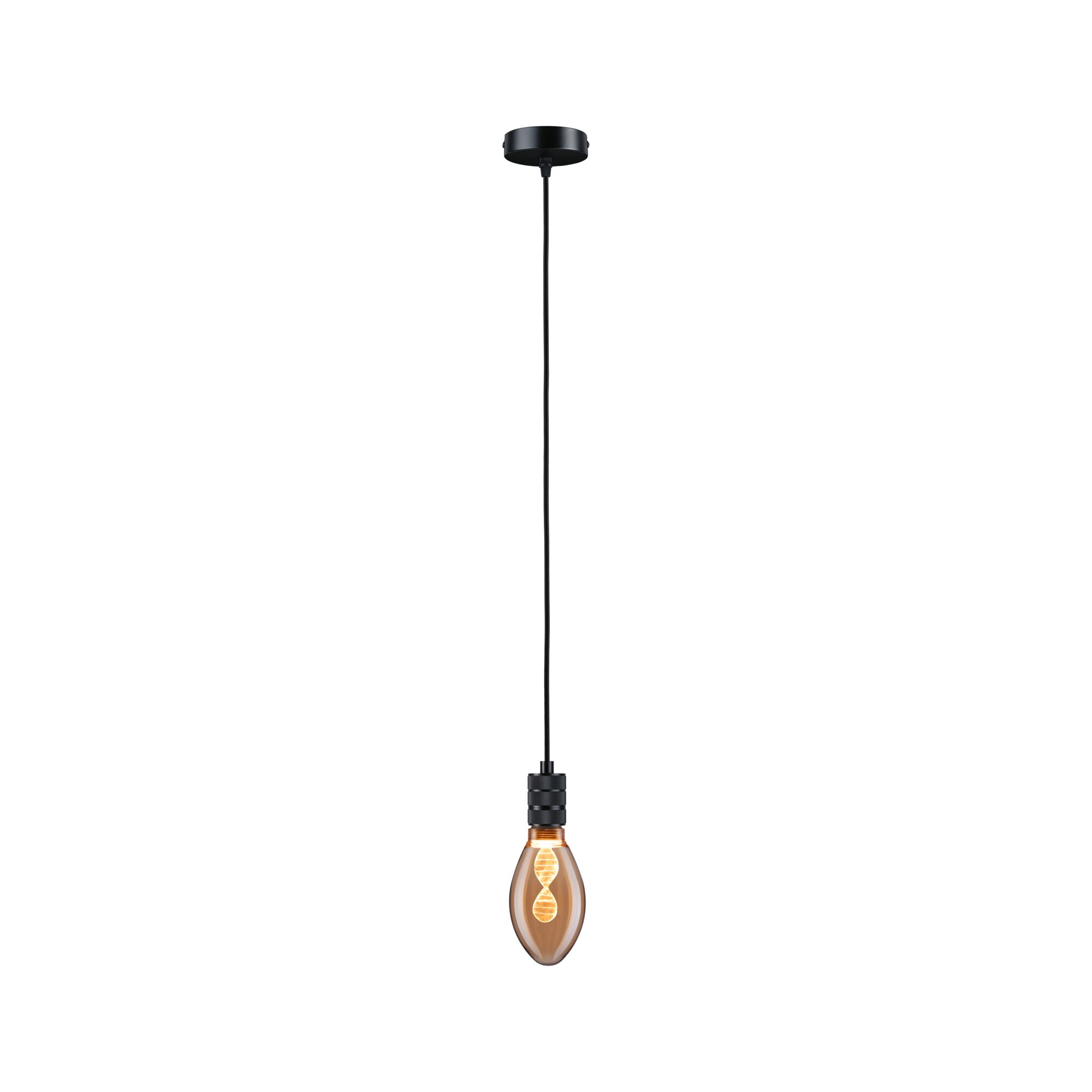 Pendant lamp with black cable and warm white LED bulb in amber glass housing for modern lighting