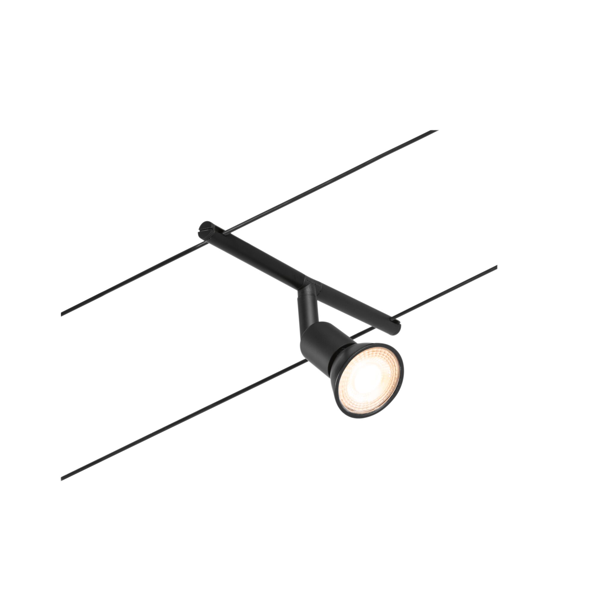 Schwarze LED-Seilstrahlerleuchte aus Metall mit warmweißem Licht für moderne Innenbeleuchtung