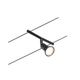Schwarze LED-Seilstrahlerleuchte aus Metall mit warmweißem Licht für moderne Innenbeleuchtung