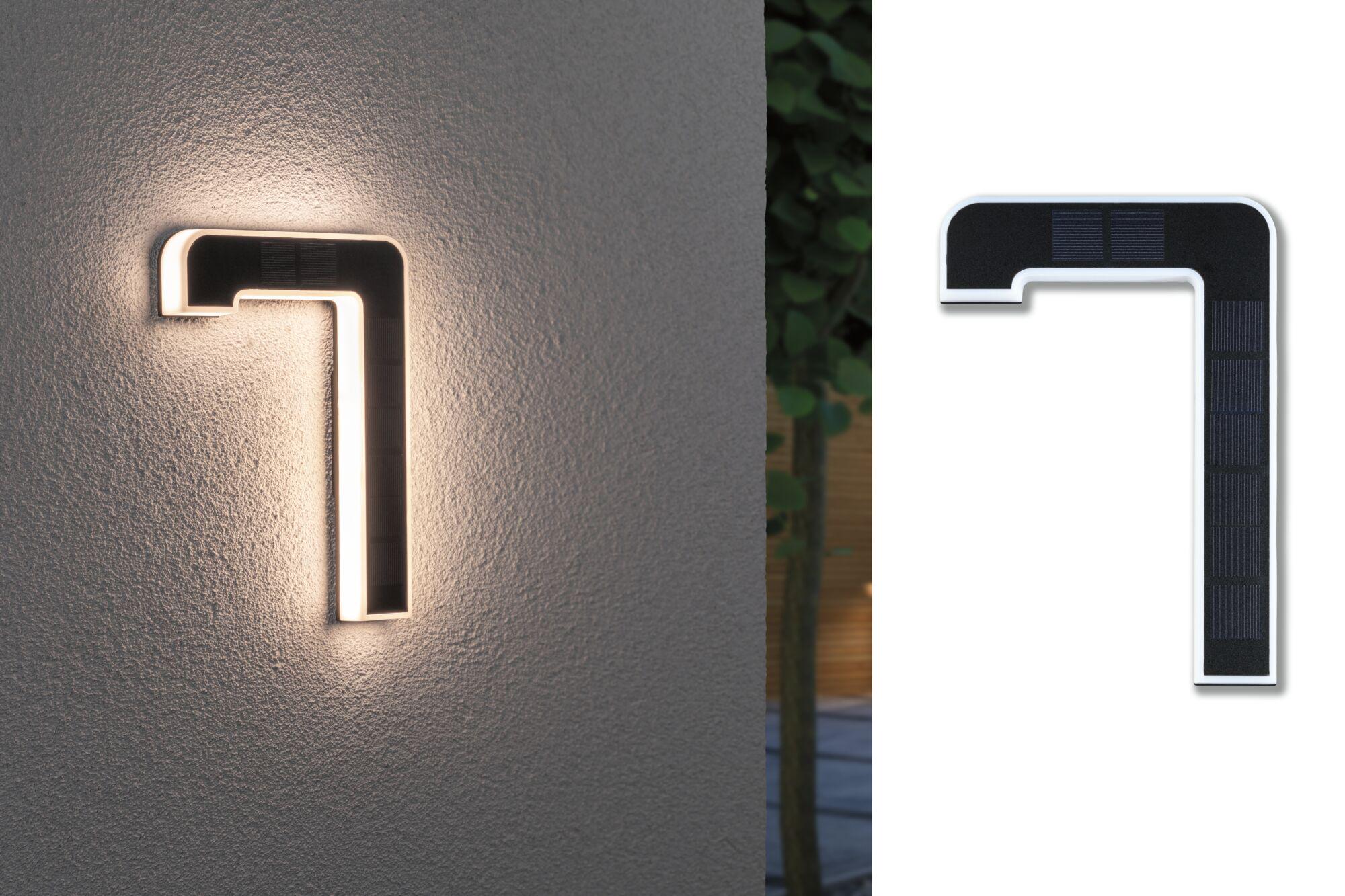 Solar Numéro de maison lumineux LED avec batterie interchangeable Numéro 7 IP44 3000K 6lm Noir Applique murale LED noire moderne avec panneau solaire intégré et lumière blanc chaud pour extérieur