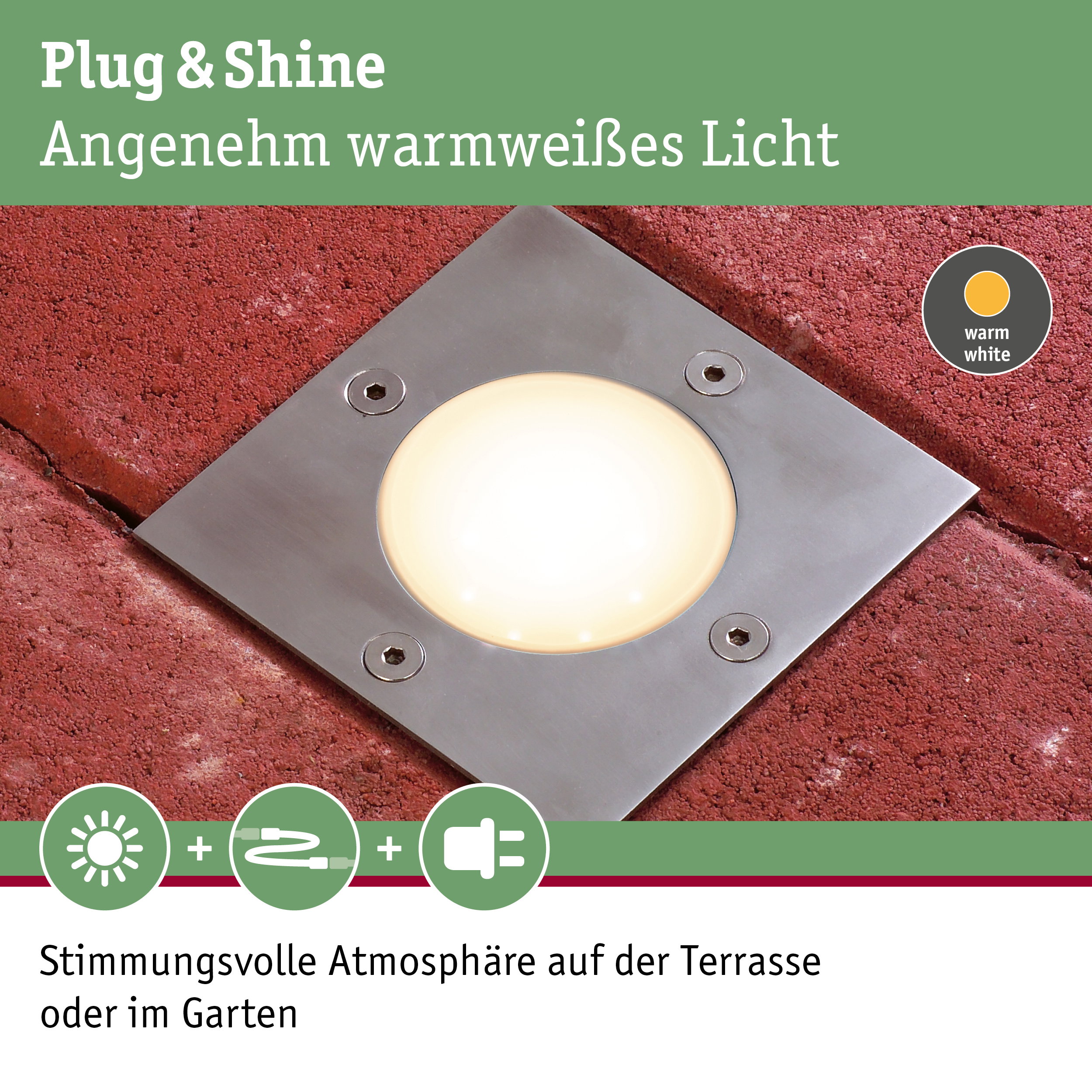 Edelstahl-Einbauleuchte mit warmweißem Licht für Terrasse und Gartenbeleuchtung