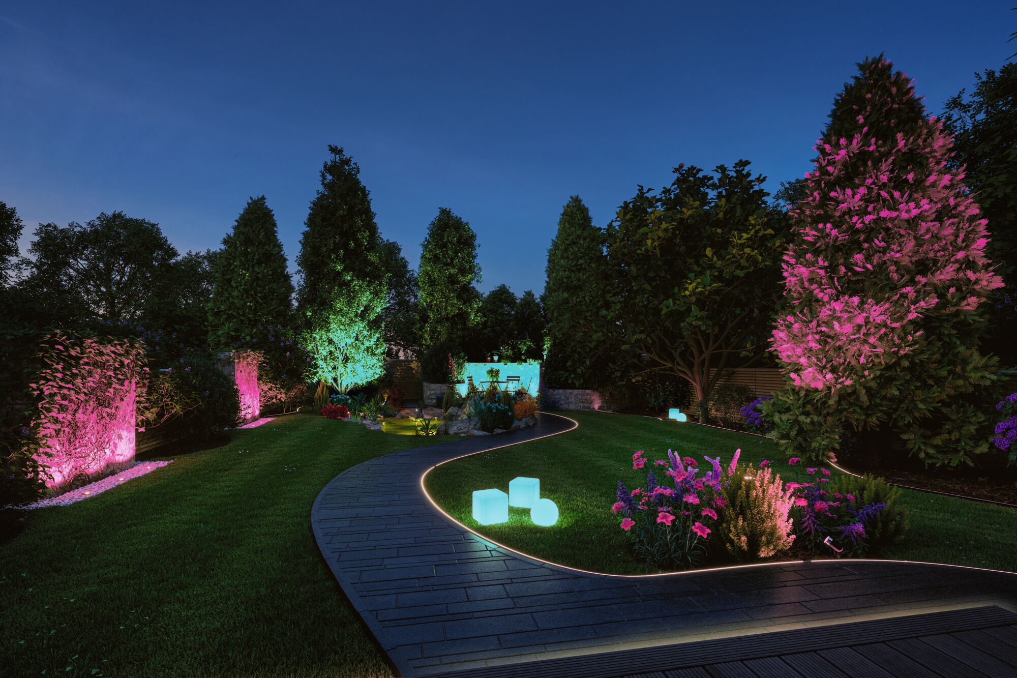 Garden path with LED lighting and colored spotlights illuminating trees and plants in blue and pink hues.
