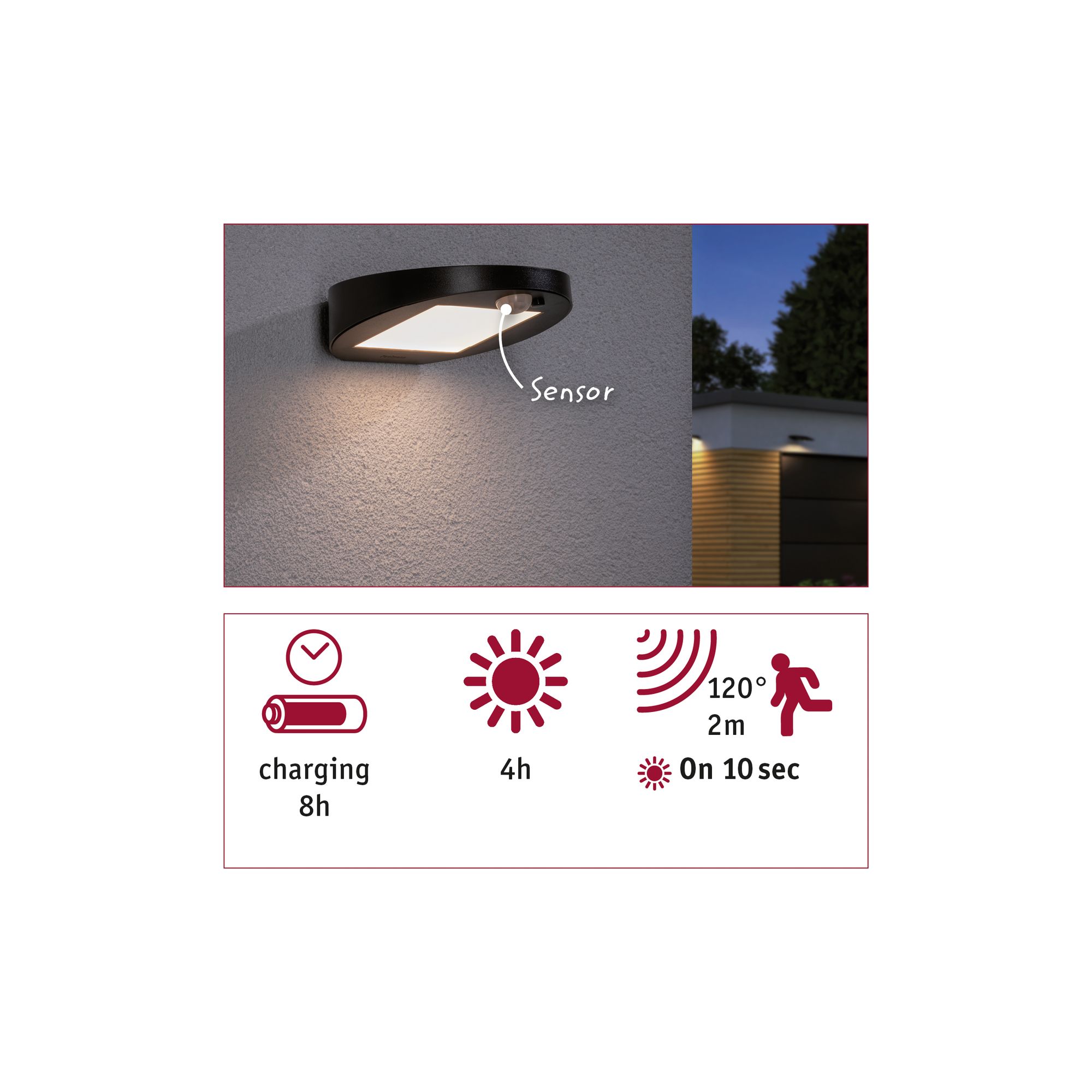 Black LED outdoor wall light with sensor on grey wall, energy-saving exterior lighting for home