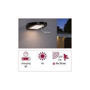 Zwarte metalen LED-buitenwandlamp met sensor, energiezuinige buitenverlichting voor gevel.