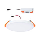 Round white LED recessed panel with orange clips and external driver for ceiling lighting solutions
