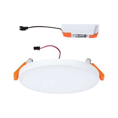 Round white LED recessed panel with orange clips and external driver for ceiling lighting solutions