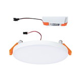 Round white LED recessed panel with orange clips and wiring for ceiling lighting installation