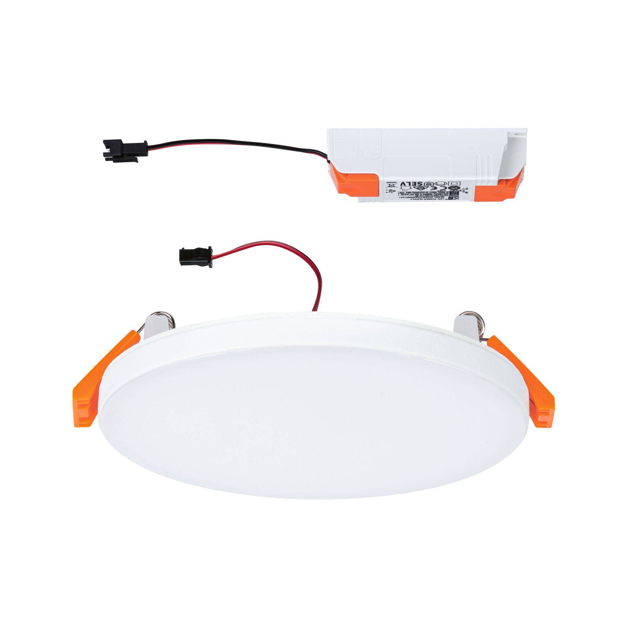 Rundes weißes LED-Einbaupanel mit orangefarbenen Halteklammern und weißem Kunststoffgehäuse