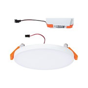 Rundes weißes LED-Einbaupanel mit orangefarbenen Halteklammern und weißem Kunststoffgehäuse