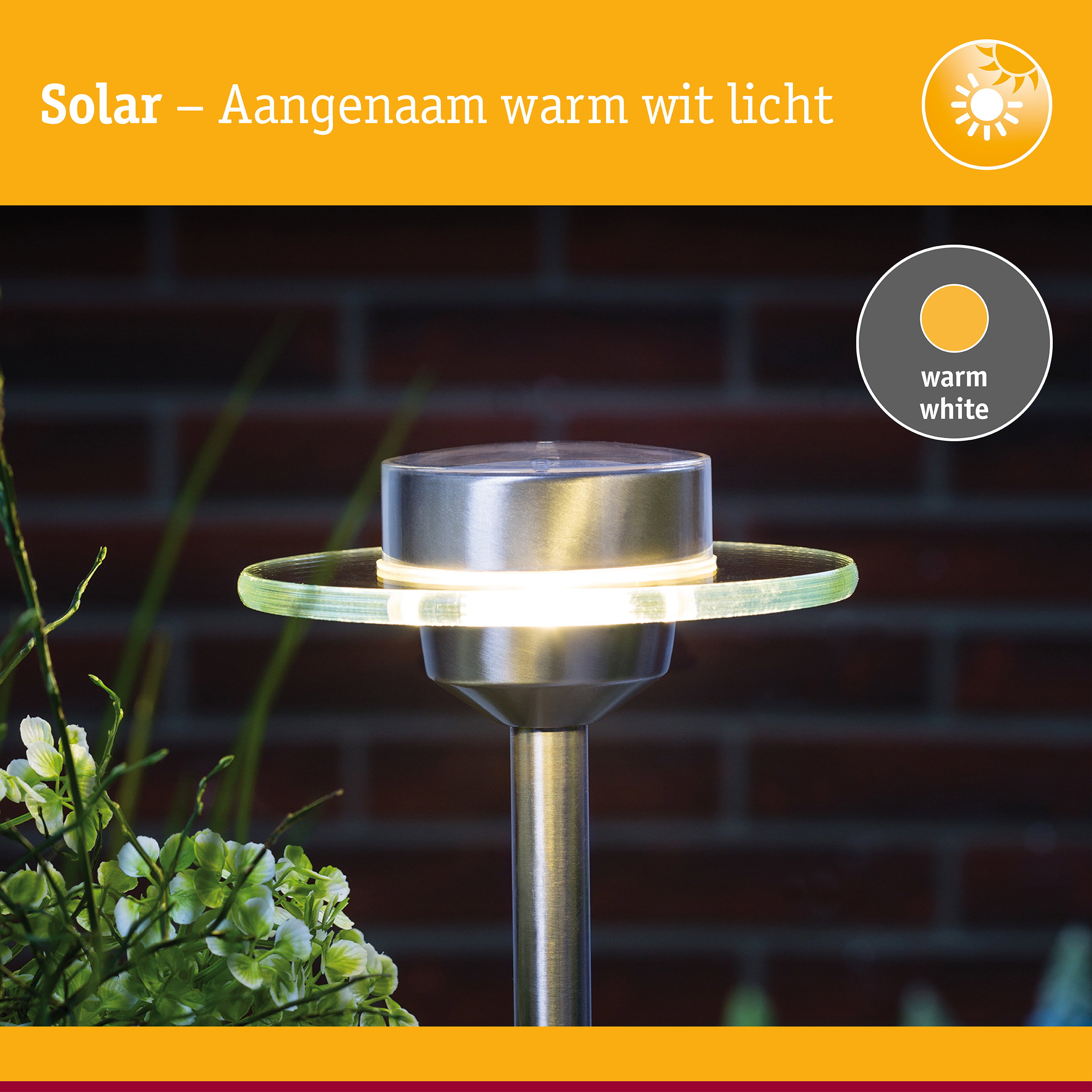 Solar tuinlamp van roestvrij staal met warm wit licht en glazen ring voor buitenverlichting