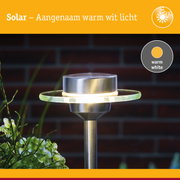 Solar tuinlamp van roestvrij staal met warm wit licht en glazen ring voor buitenverlichting