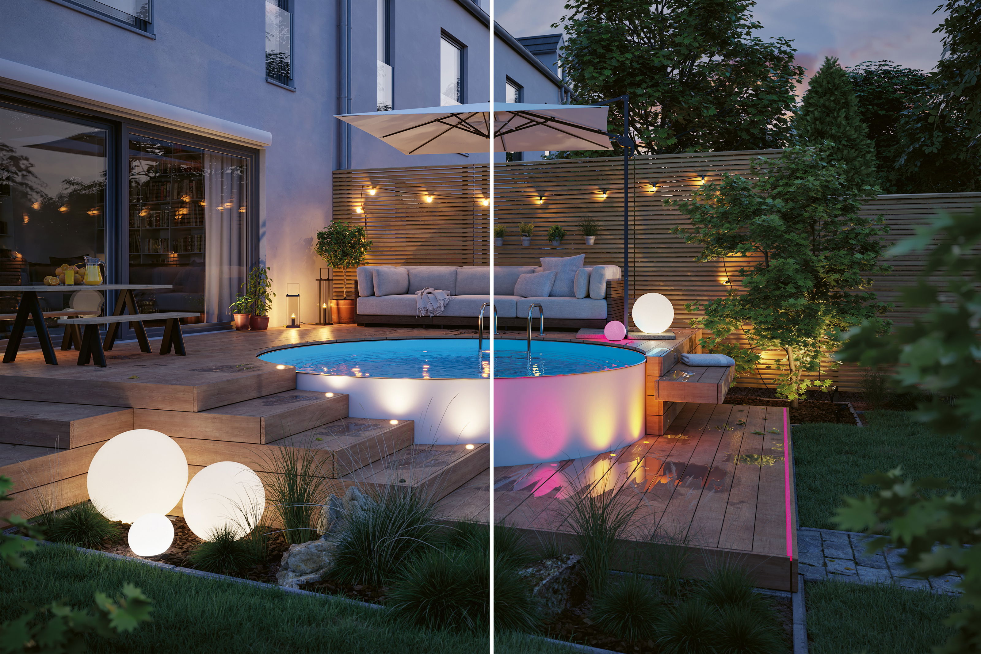 Moderne zwembadomgeving met blauwe LED-onderwaterverlichting en stijlvolle houten tuinmeubelen.