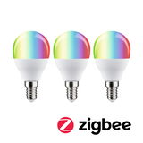Drei smarte Zigbee-LED-Lampen mit E14-Fassung und mehrfarbiger Leuchtkugel aus Kunststoff.