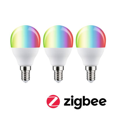 Drei smarte Zigbee-LED-Lampen mit E14-Fassung und mehrfarbiger Leuchtkugel aus Kunststoff.