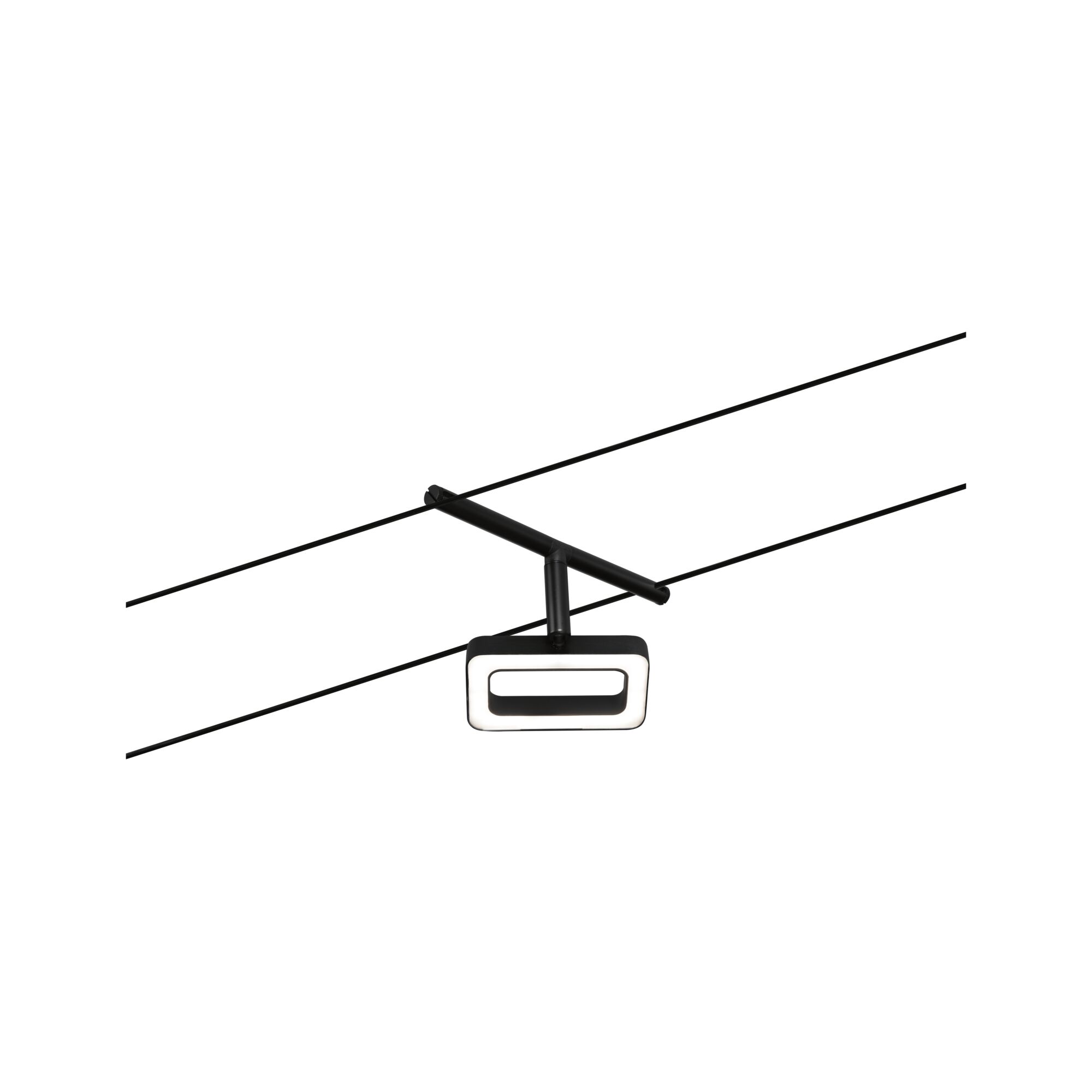 Zwarte LED-kabelspot met rechthoekige lichtbehuizing en modern ontwerp voor binnenverlichting.