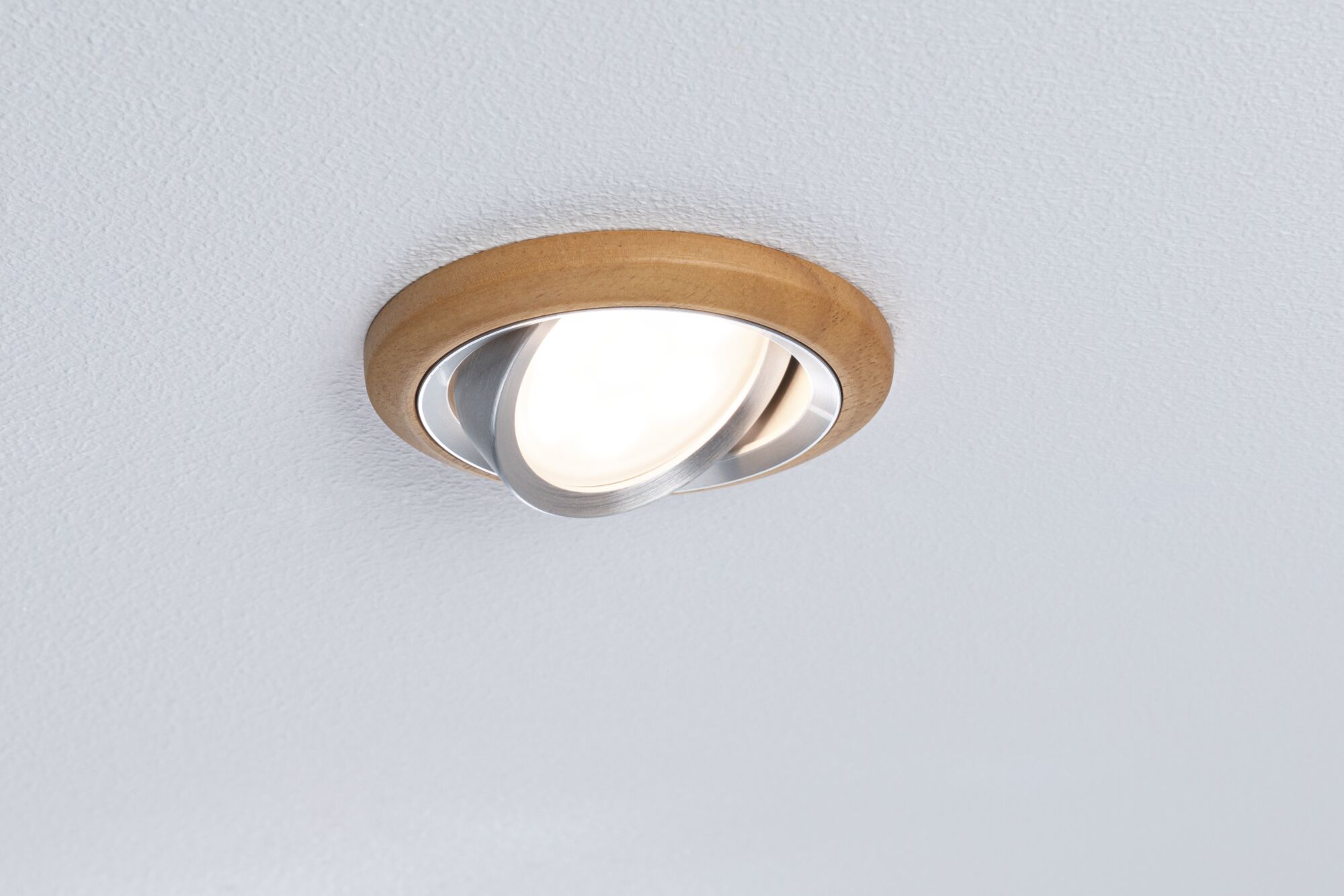 Round recessed LED ceiling light with wooden frame and silver metal ring for modern home lighting