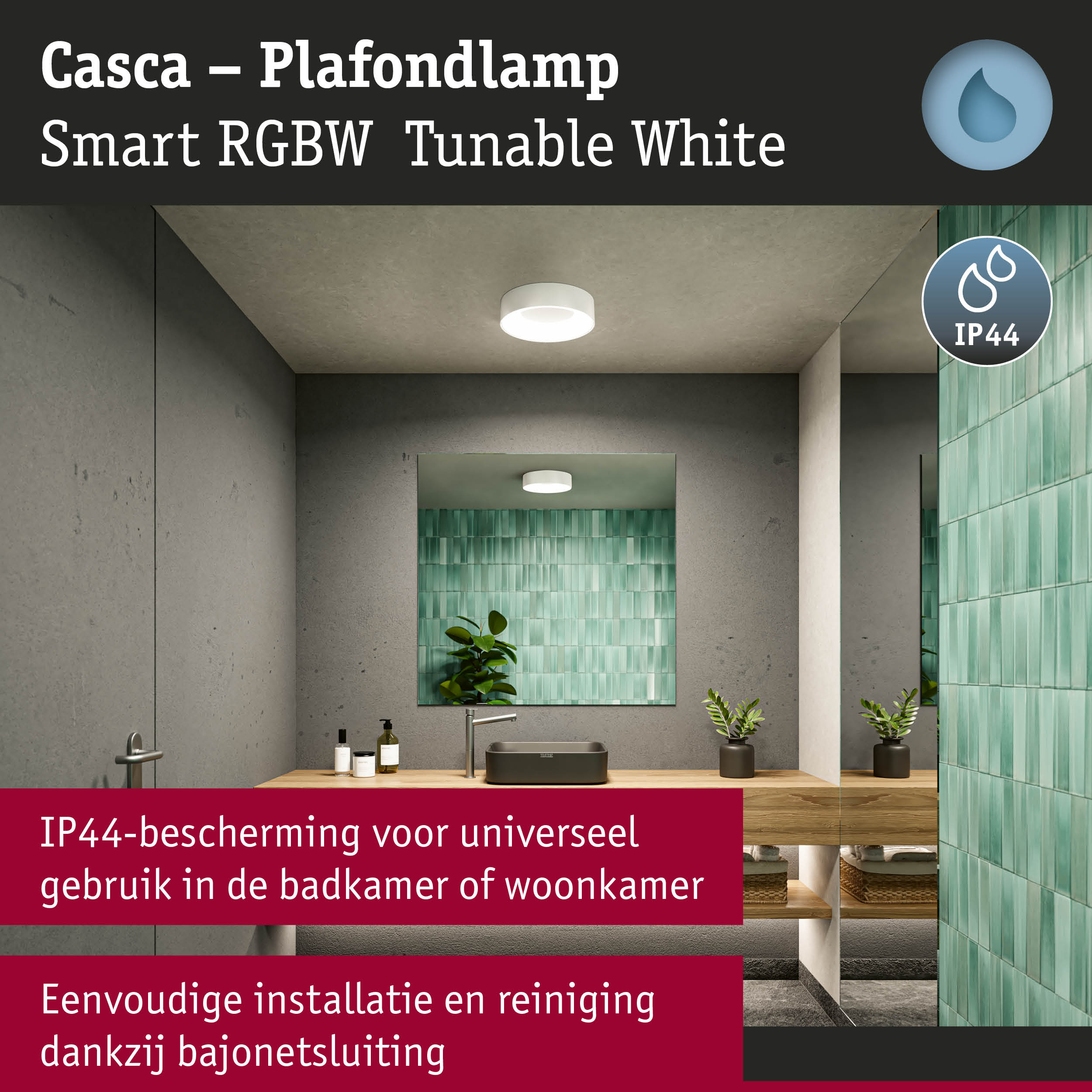 Witte Casca Smart RGBW plafondlamp met IP44 bescherming, geschikt voor badkamer en woonkamer