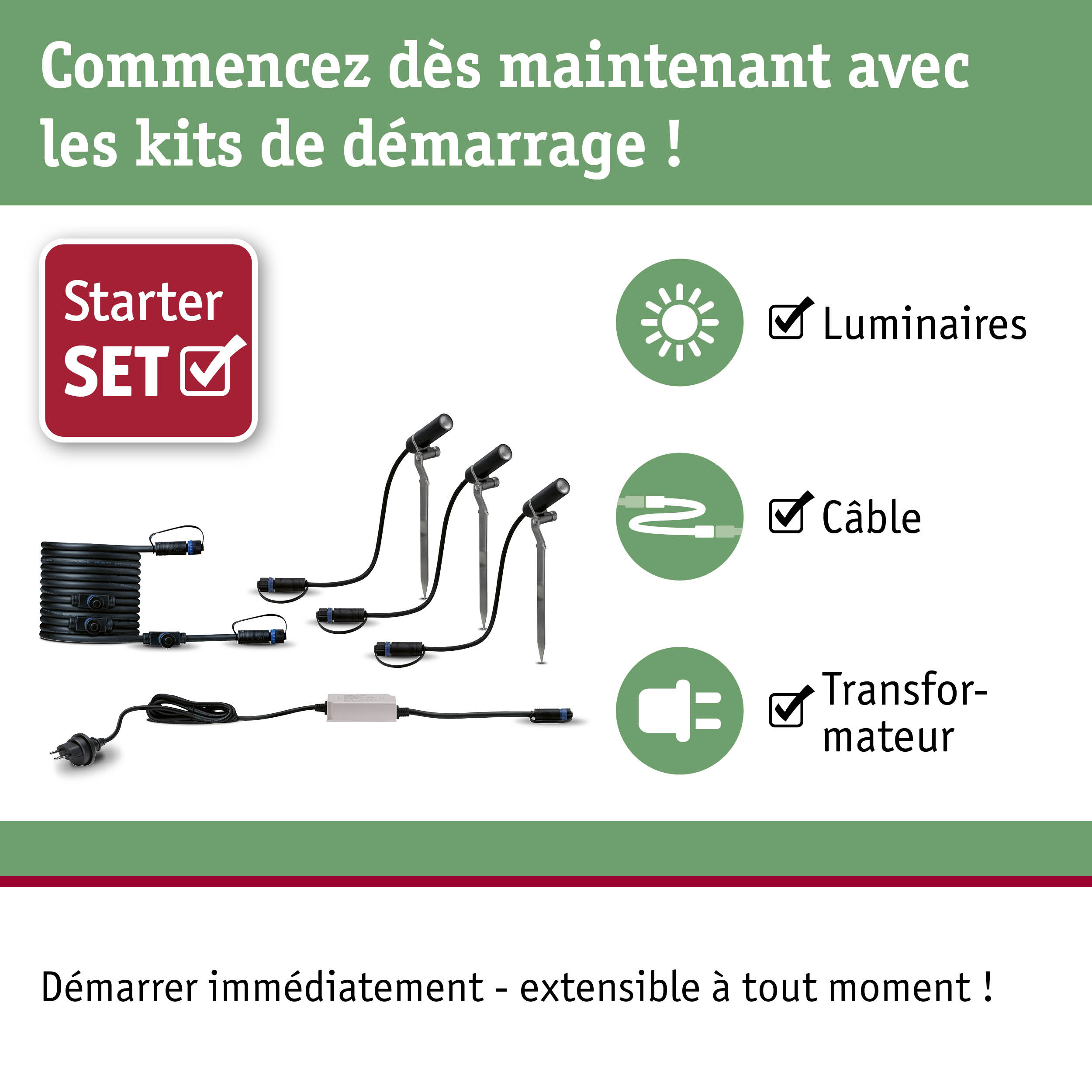 Kit de démarrage avec projecteurs LED noirs, câble et transformateur pour éclairage extérieur