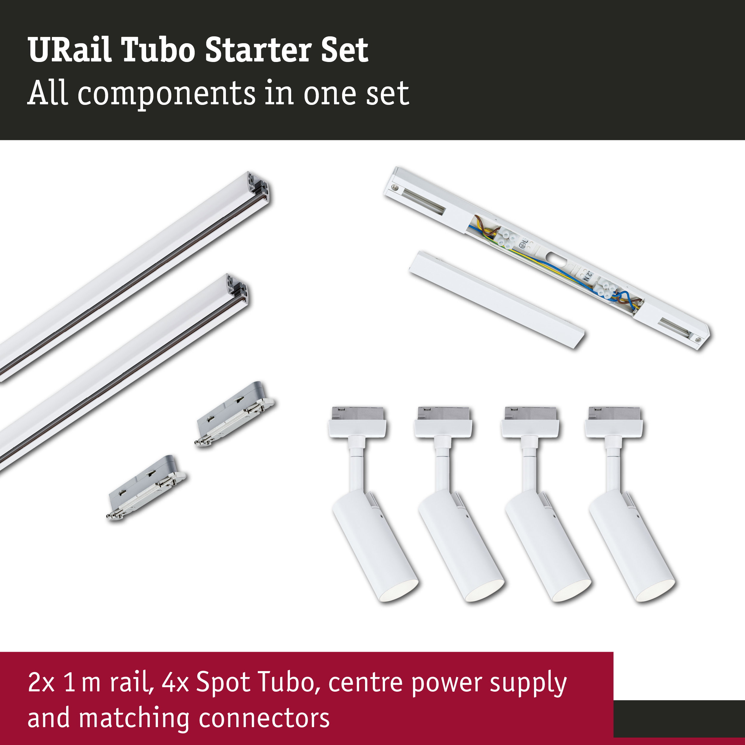 URail Rail spot Tubo Starter set 4x150lm 4x4W 3000K dimmable 230V Signal white
