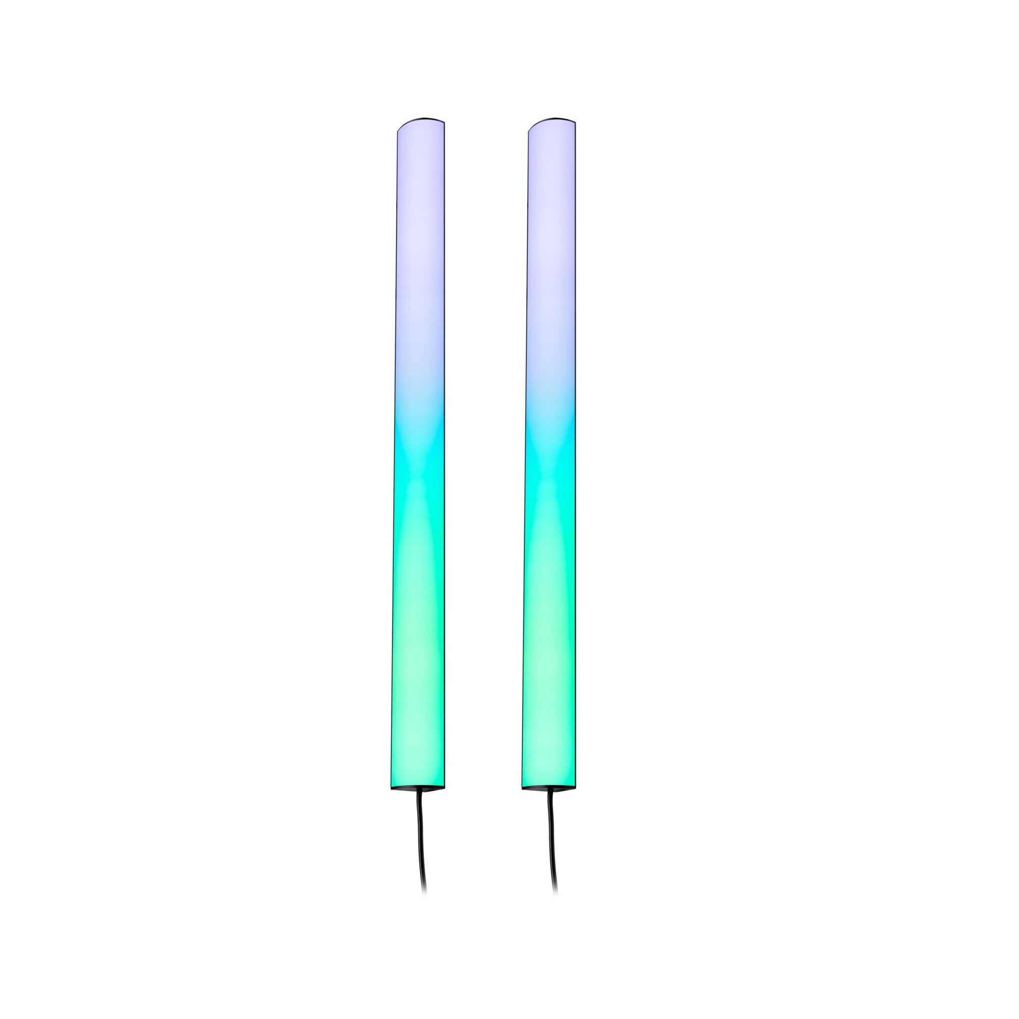 Two slim LED light bars with blue-green gradient, modern ambient lighting with cable connection.