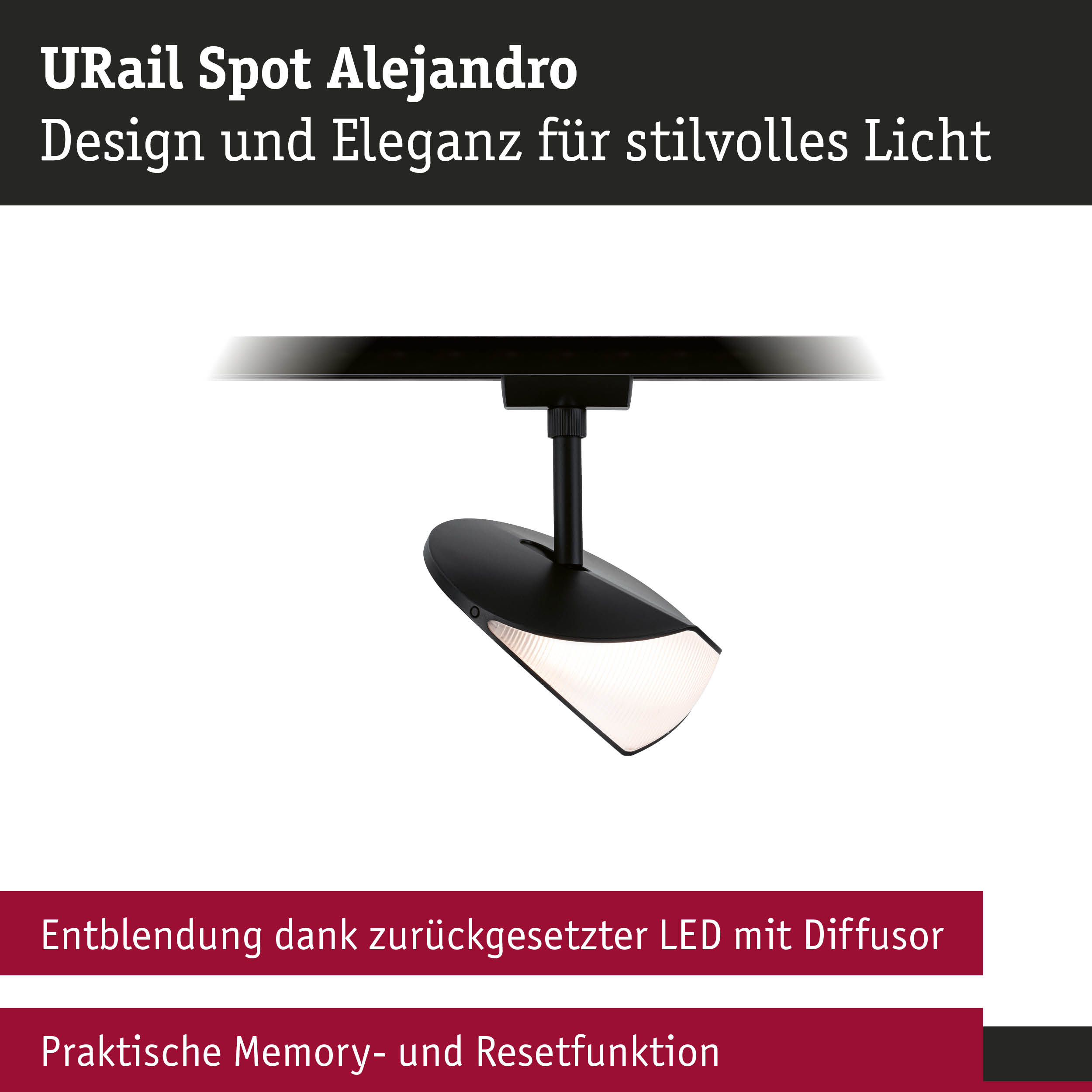 Schwarzer URail Spot Alejandro mit LED-Diffusor und Memoryfunktion für blendfreies Licht
