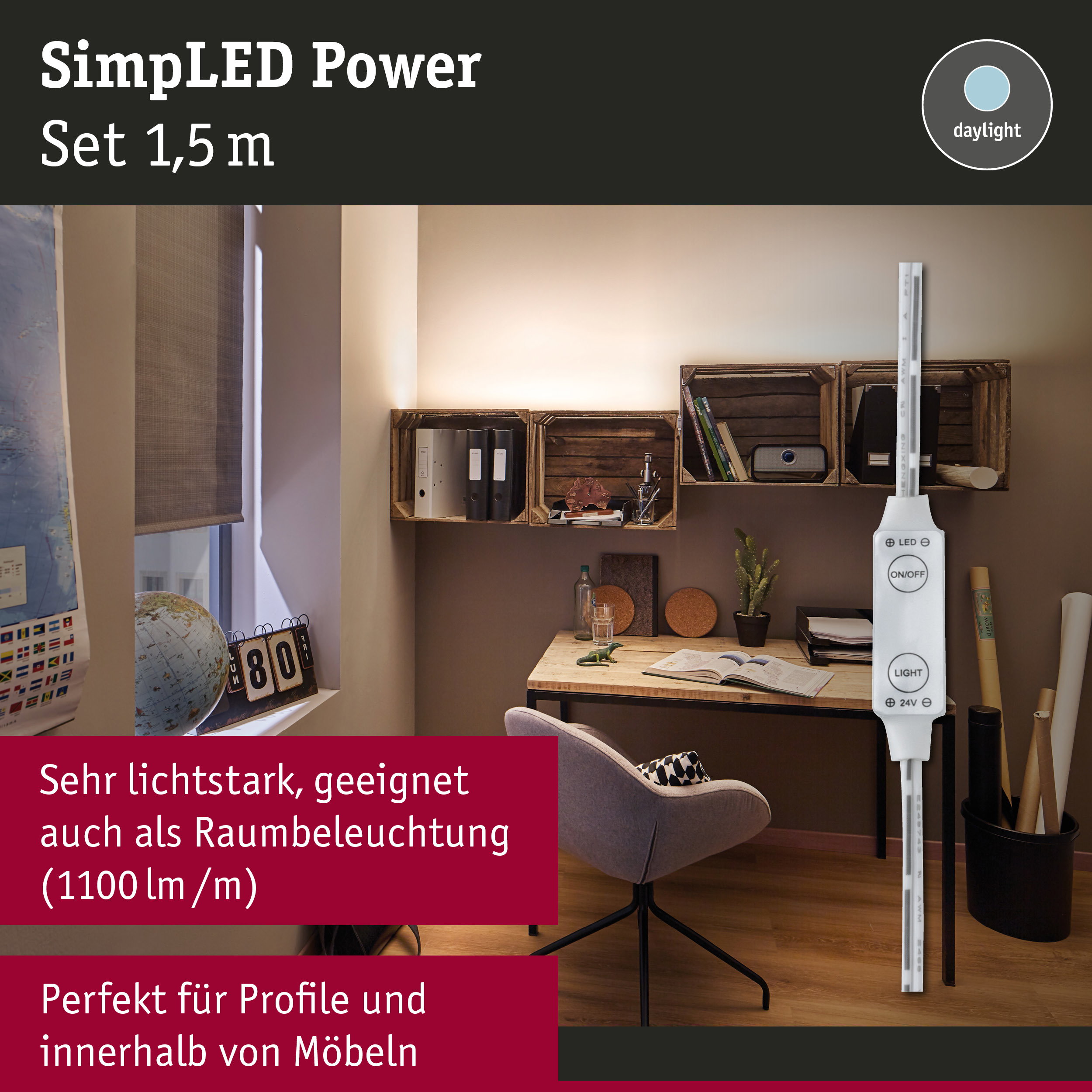 Weißes LED-Lichtband SimplLED Power Set 1,5 m mit Tageslichtfarbe, ideal für Möbelbeleuchtung
