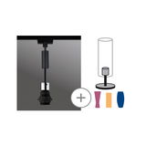 Black pendant light with cable and socket, illustration shows interchangeable colored lamp shades