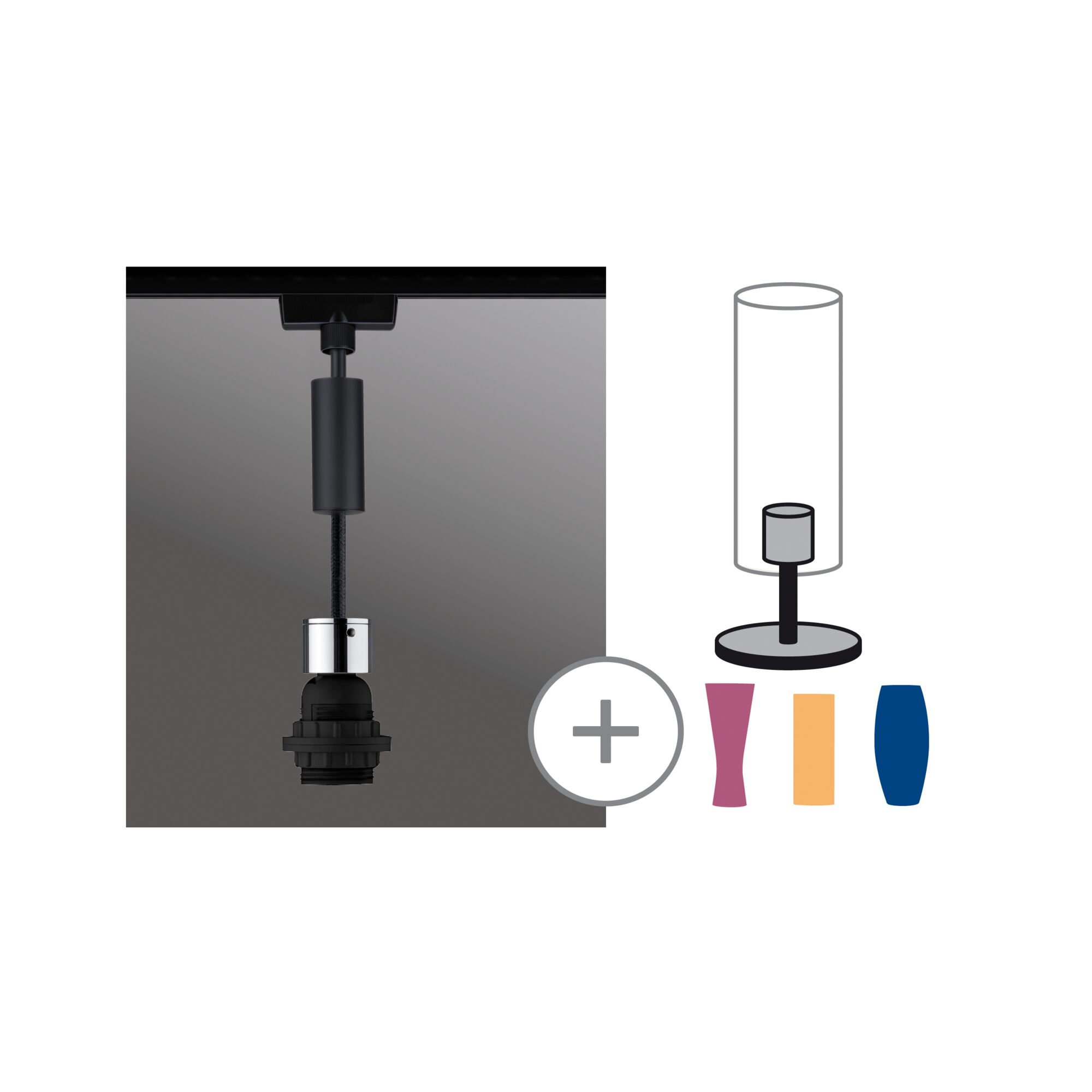 URail Suspension 2Easy E27 max. 20W gradable 230V Noir mat/Chrome Câble noir avec connecteur métallique argenté pour lampe LED, vue technique détaillée
