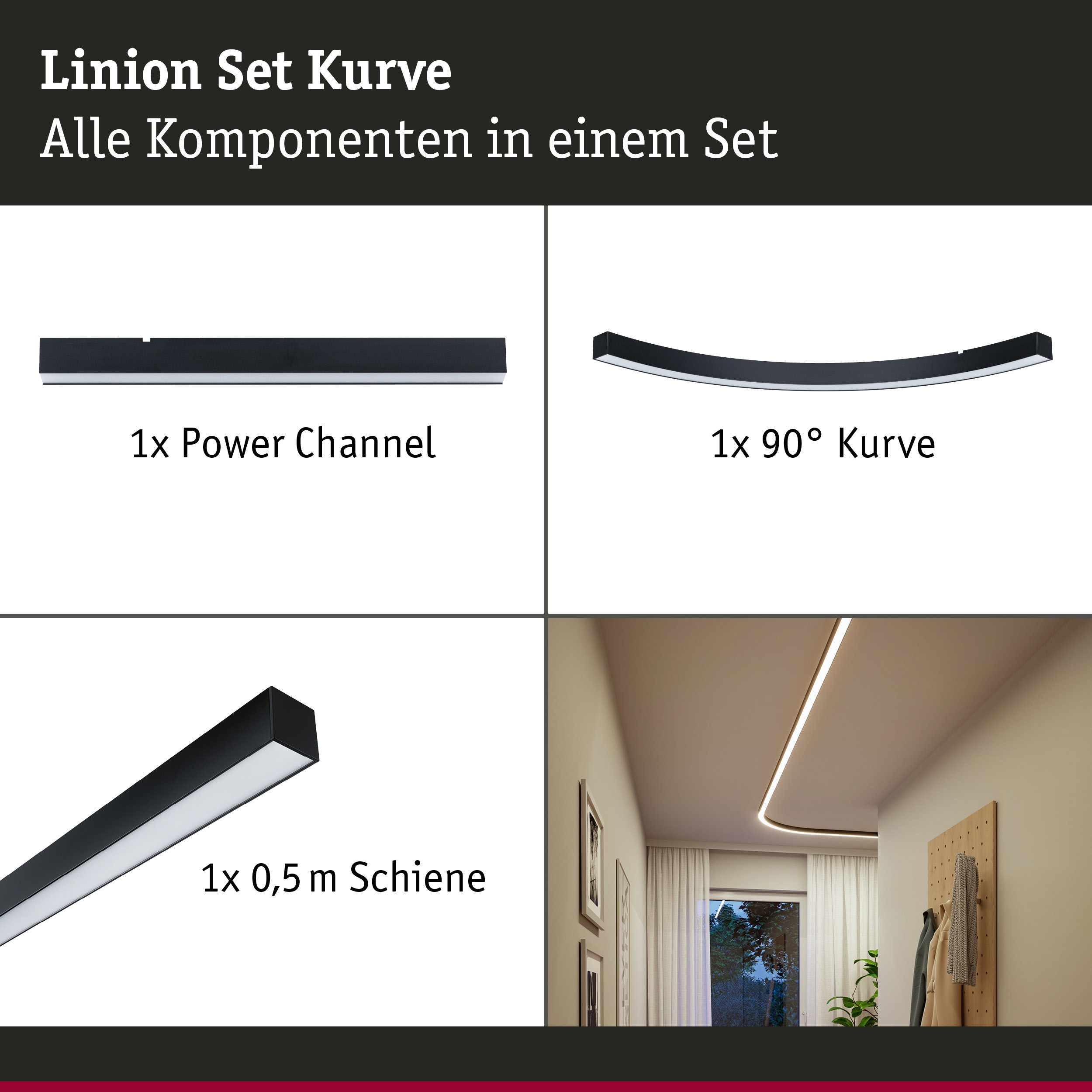 Linion Lichtkanal Kurve Komplettset 230/24V W 3000K Signalschwarz