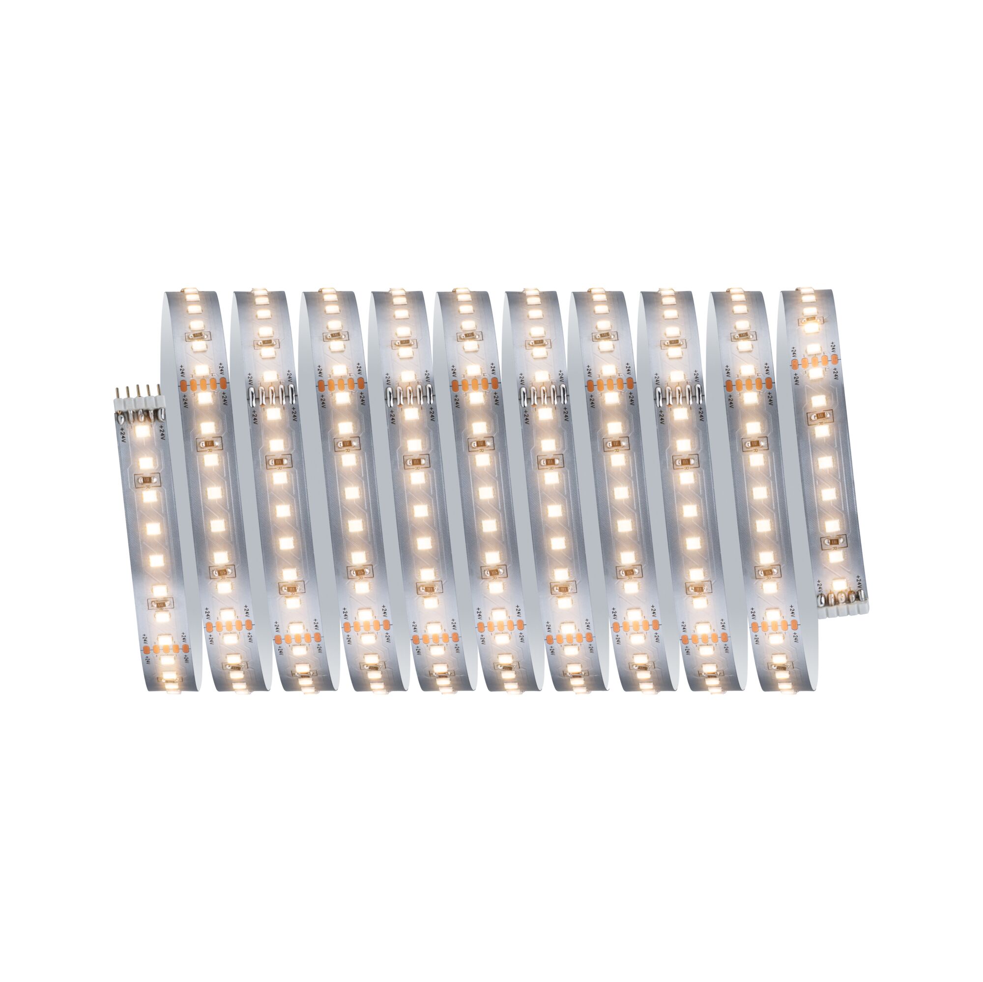 Flexibler LED-Lichtstreifen mit warmweißen LEDs auf silberner Platine für vielseitige Beleuchtung