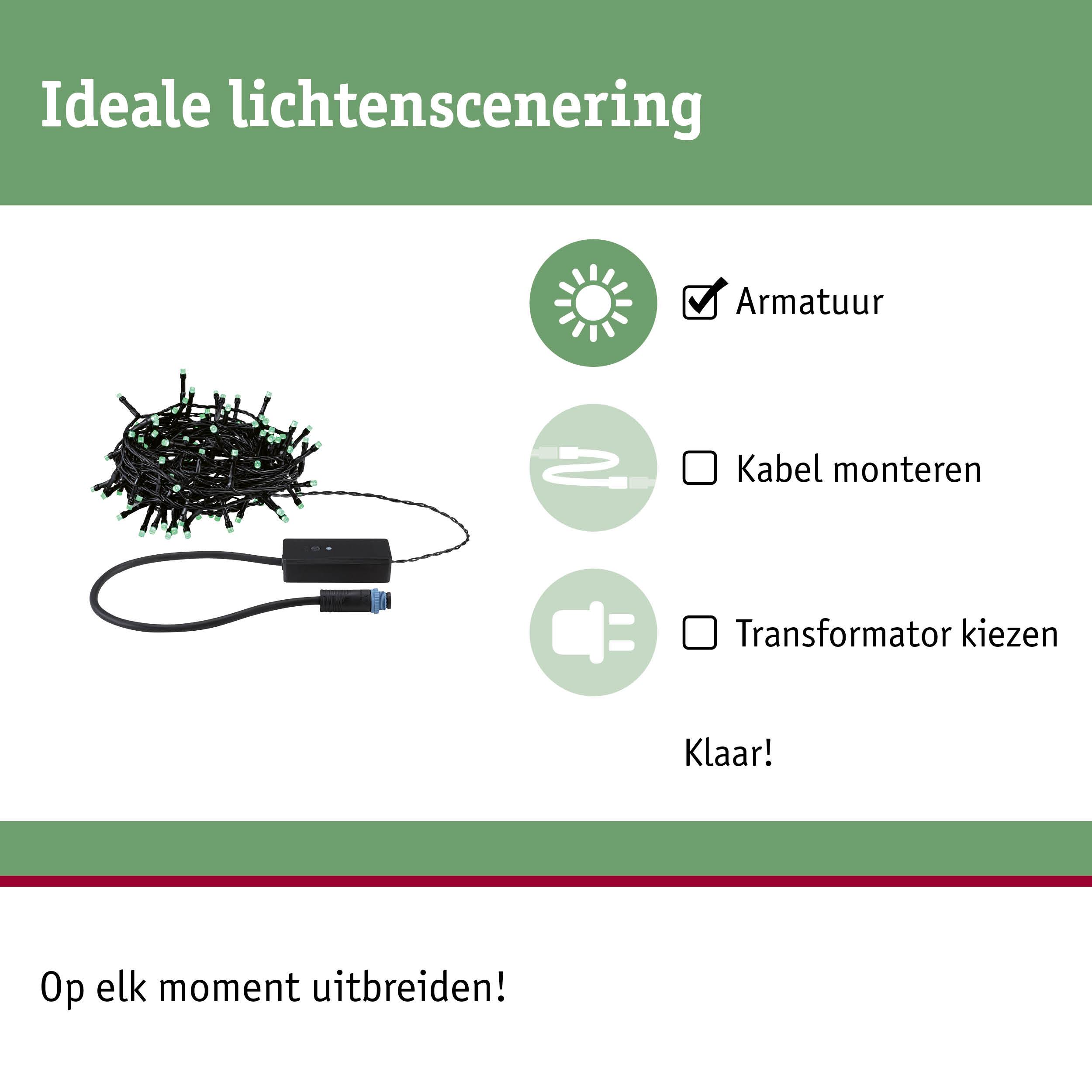 Zwart LED-lichtsnoer met groene lampjes en stekker voor eenvoudige installatie en uitbreiding