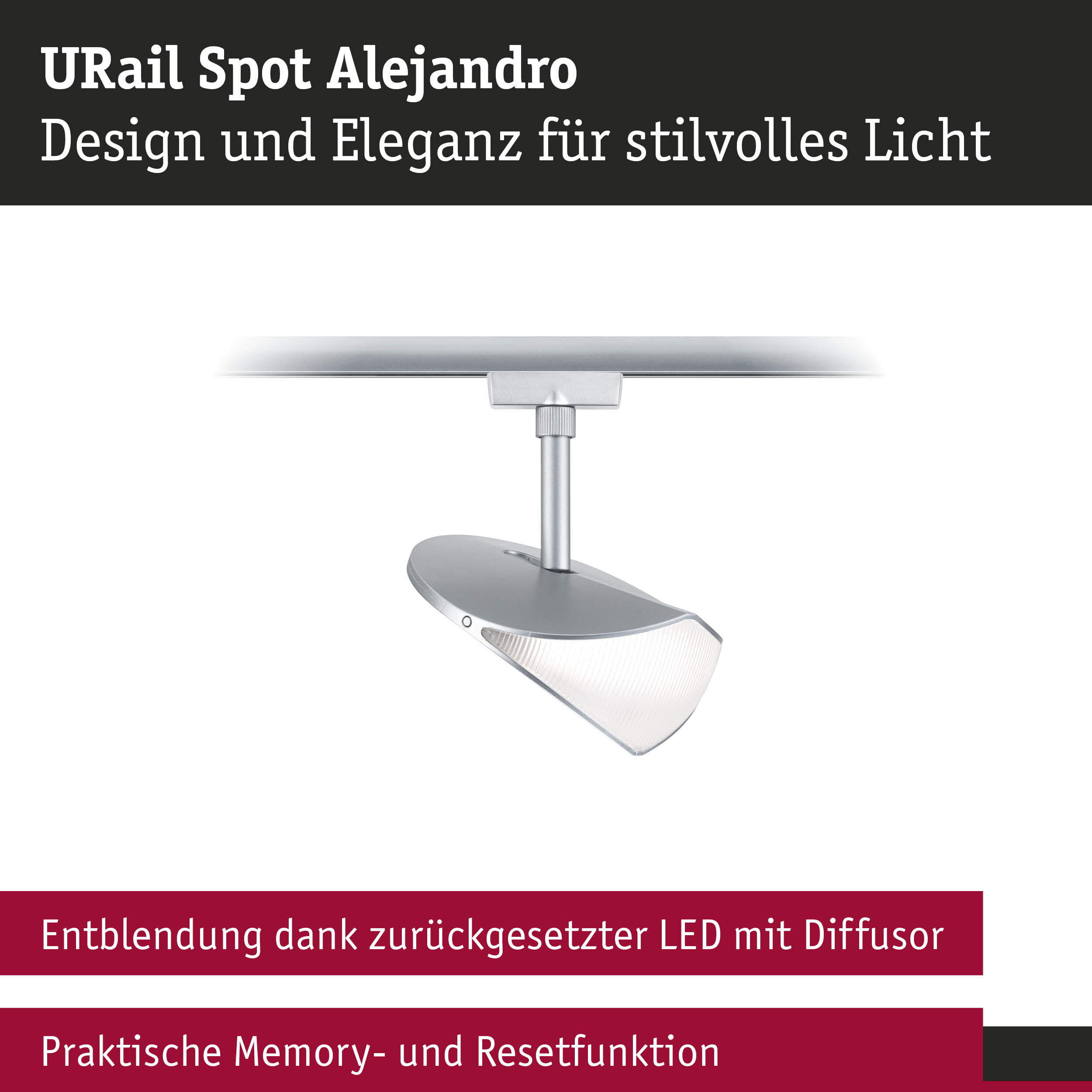 URail Spot Alejandro in silbernem Aluminium mit LED-Diffusor für blendfreies Licht und Memory-Funktion