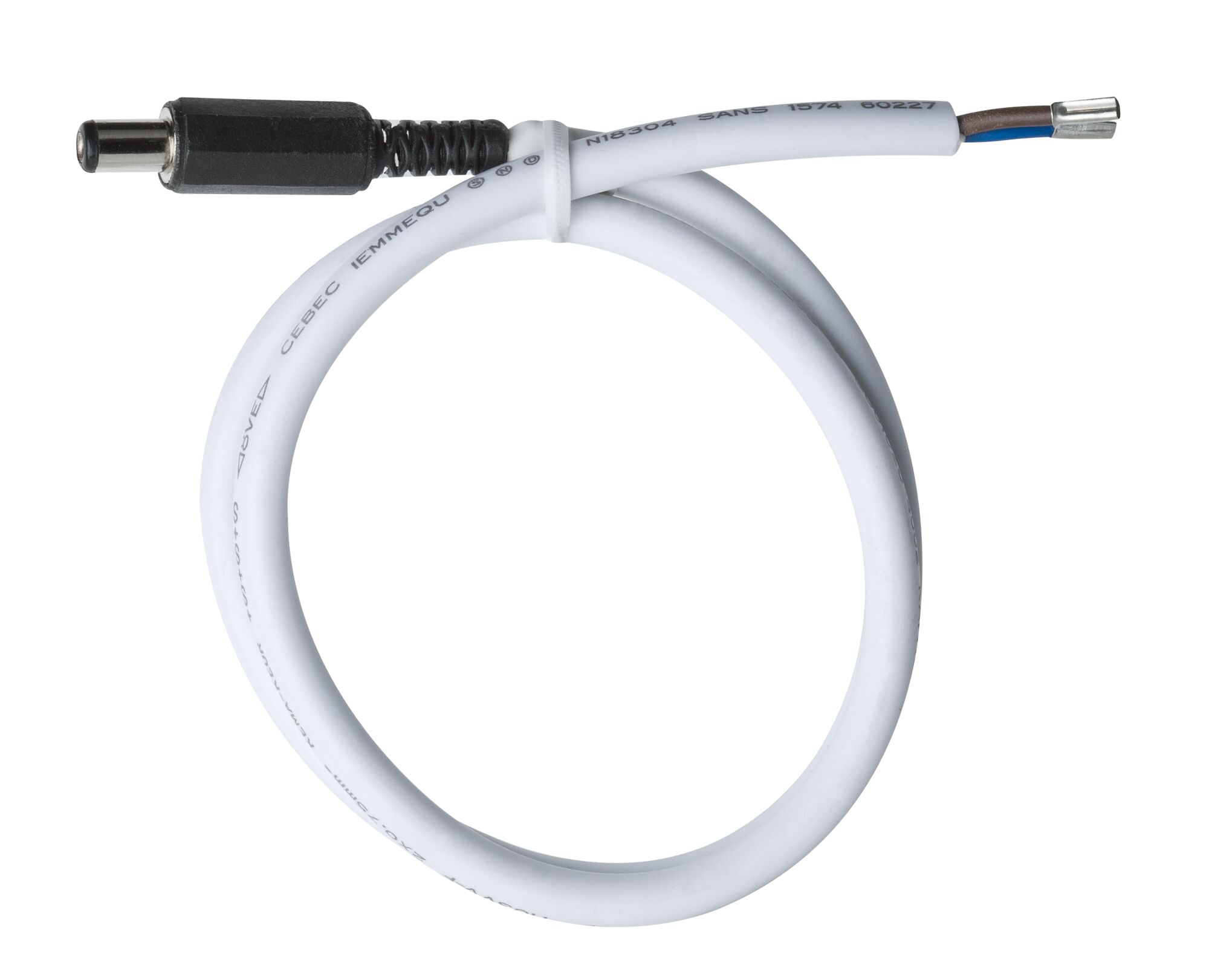 Weißes Anschlusskabel mit schwarzem Stecker und zwei blanken Drahtenden für LED-Beleuchtung