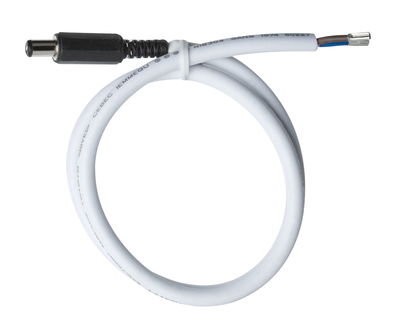 Weißes Anschlusskabel mit schwarzem Stecker und zwei blanken Drahtenden für LED-Beleuchtung