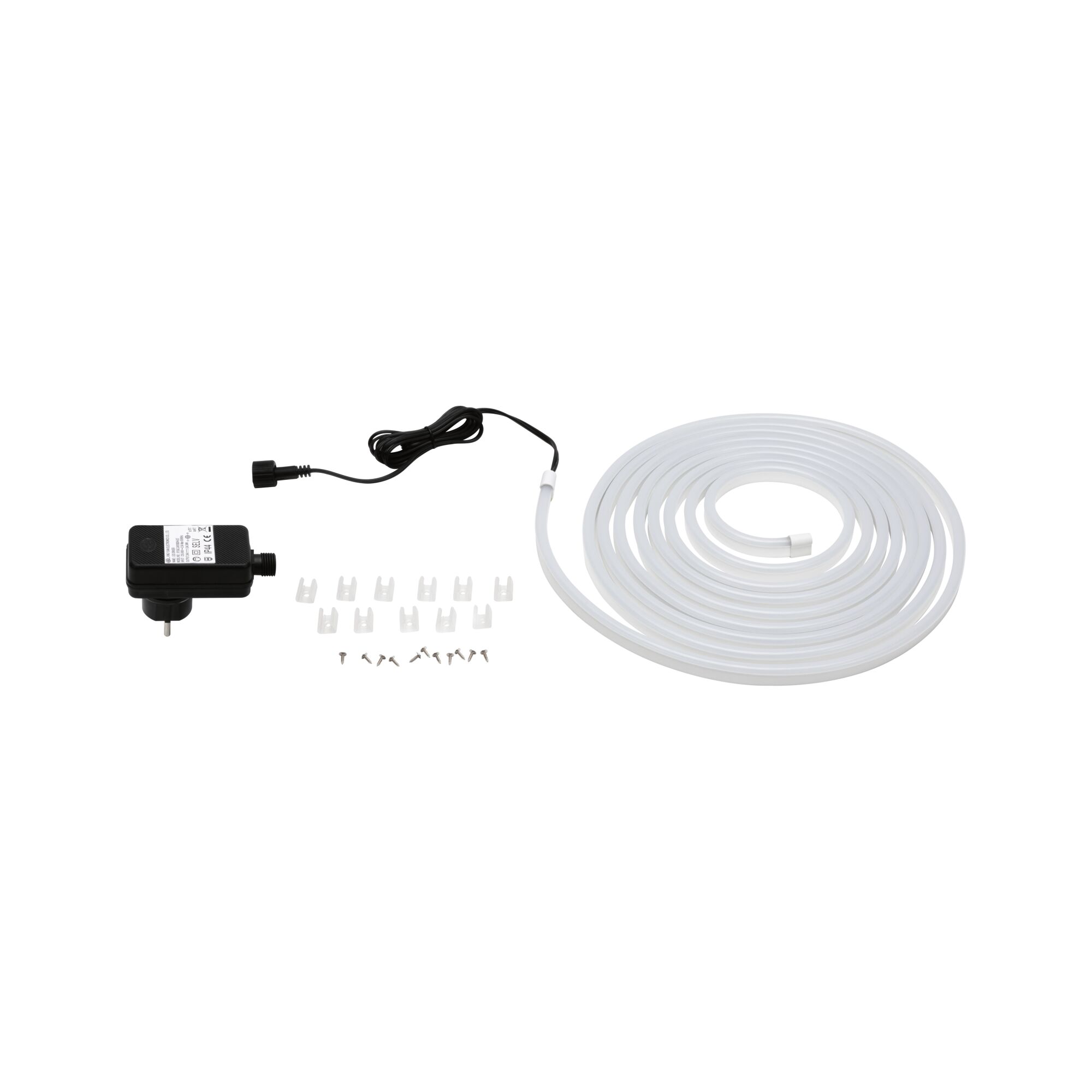 White LED neon light with power supply, clips, and screws for flexible indoor lighting accents