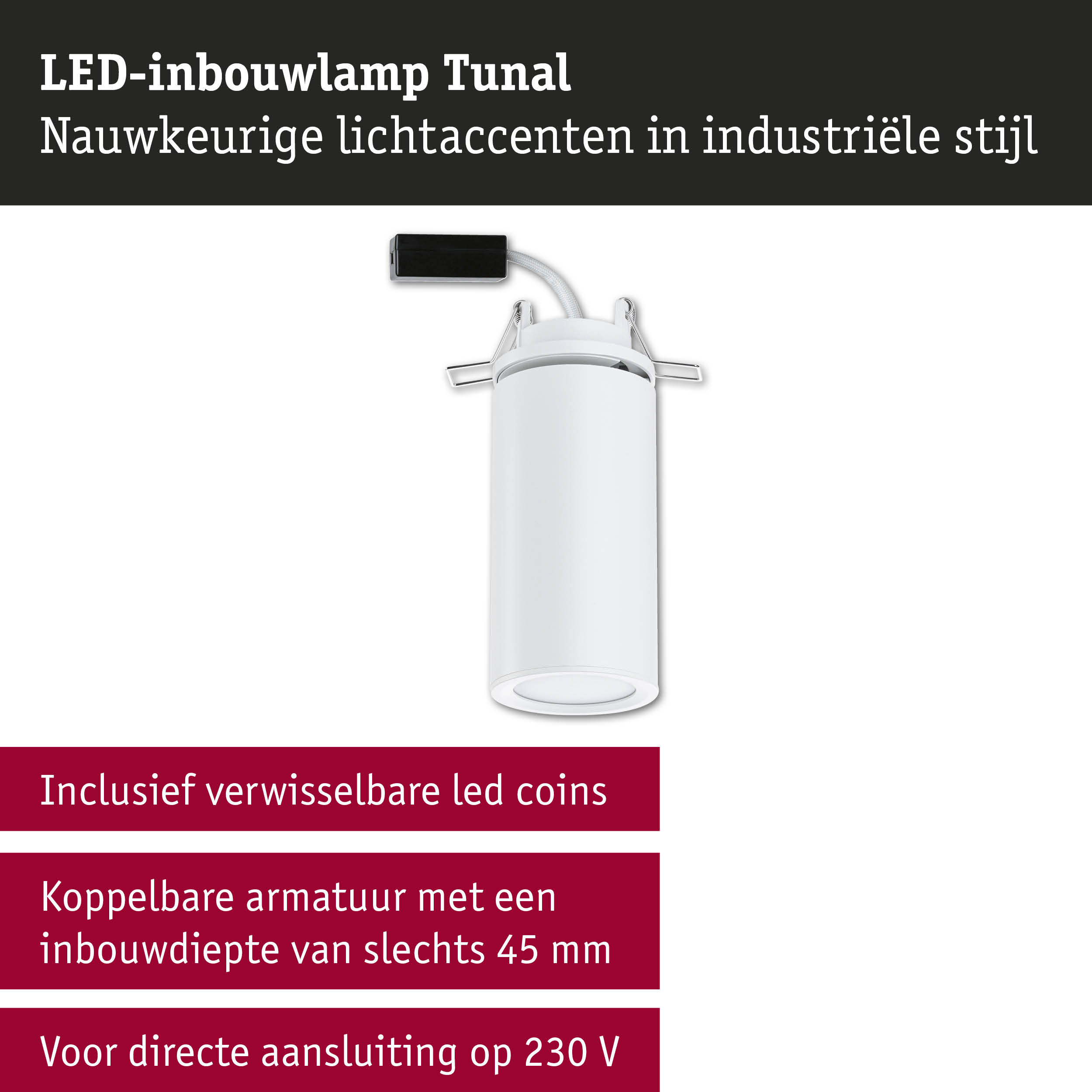 Witte LED-inbouwlamp Tunal met nauwkeurige lichtaccenten in industriële stijl voor moderne verlichting