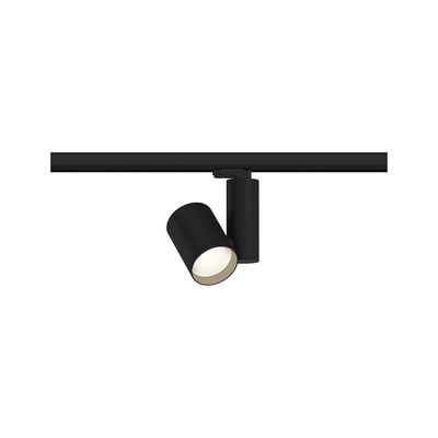 Schwarzer LED-Spot aus Metall an Schienensystem für flexible Beleuchtung im Innenbereich