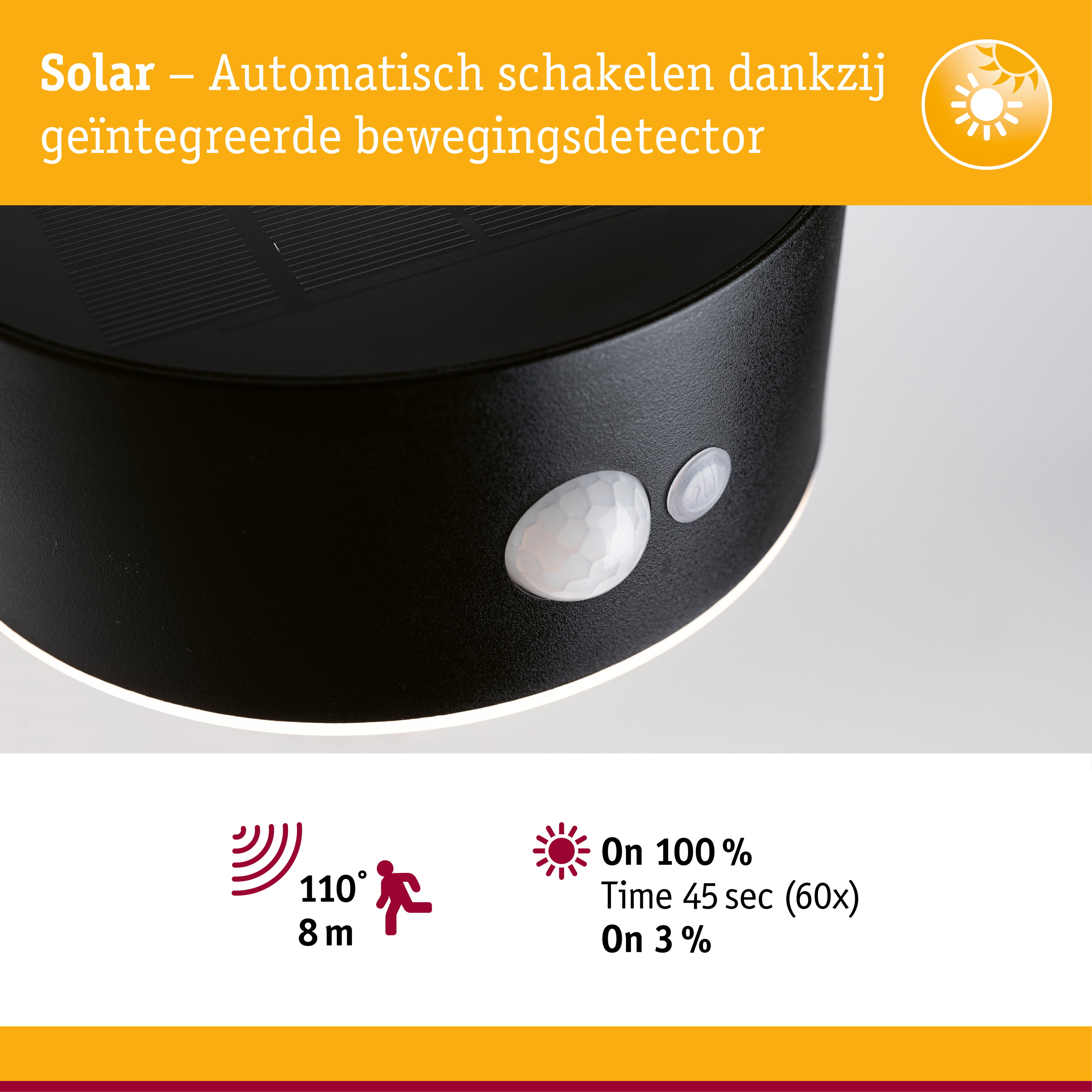 Zwarte solar lamp met geïntegreerde bewegingssensor en automatische schakelaar voor energiezuinige buitenverlichting