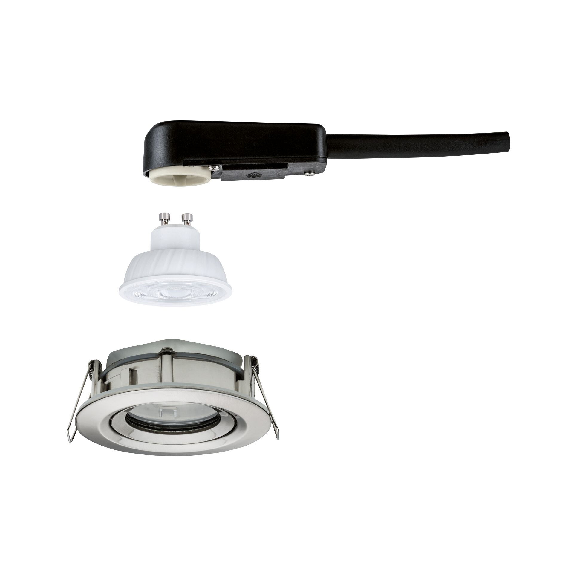 Edelstahl Einbaustrahler mit GU10 LED Lampe und schwarzem Anschlusskabel für moderne Beleuchtung