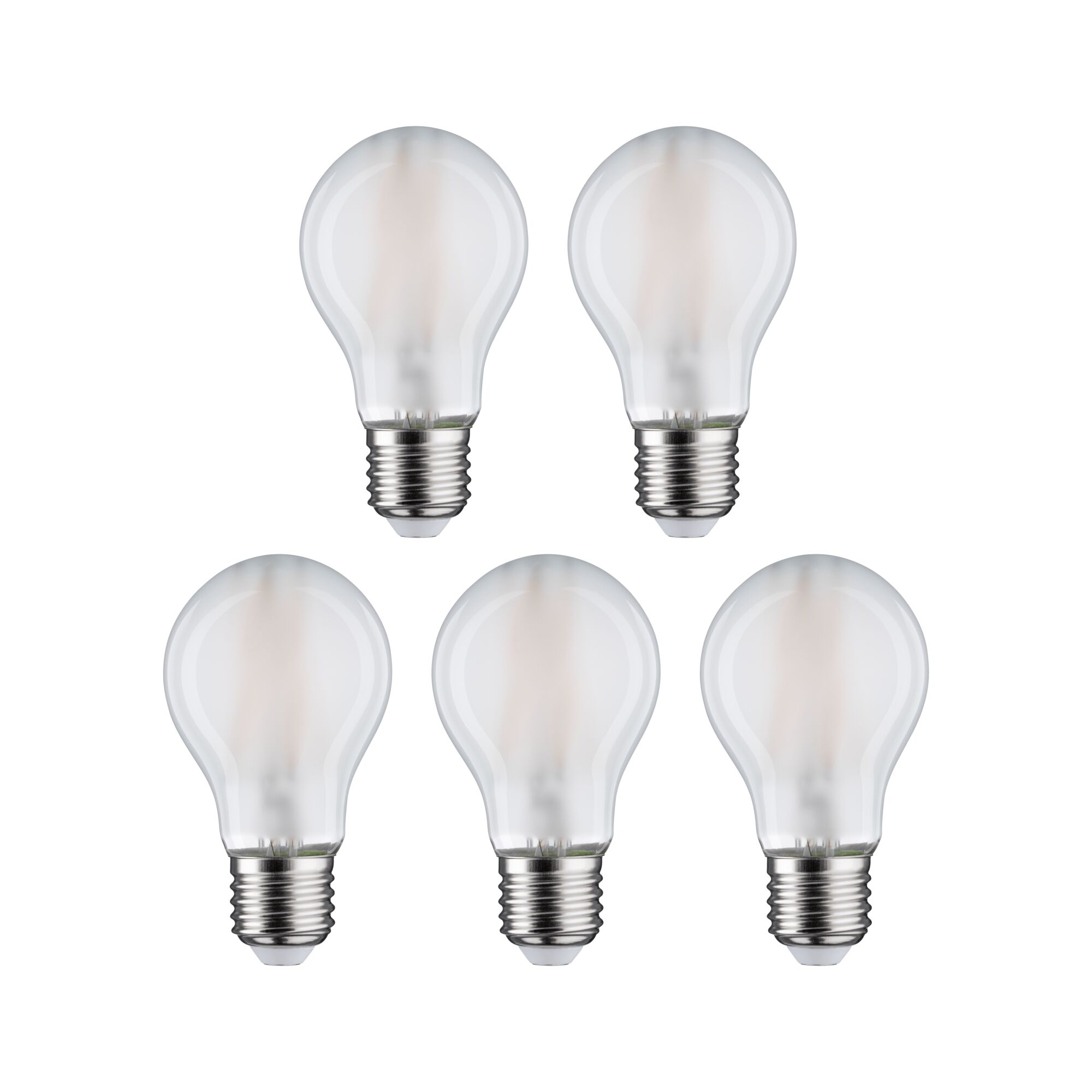 Fünf klare LED-Glühbirnen mit E27-Fassung für energiesparende Beleuchtung im Set.