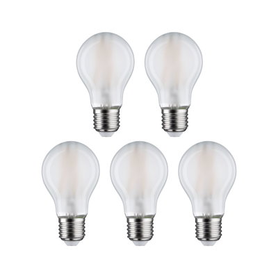 Fünf klare LED-Glühbirnen mit E27-Fassung für energiesparende Beleuchtung im Set.