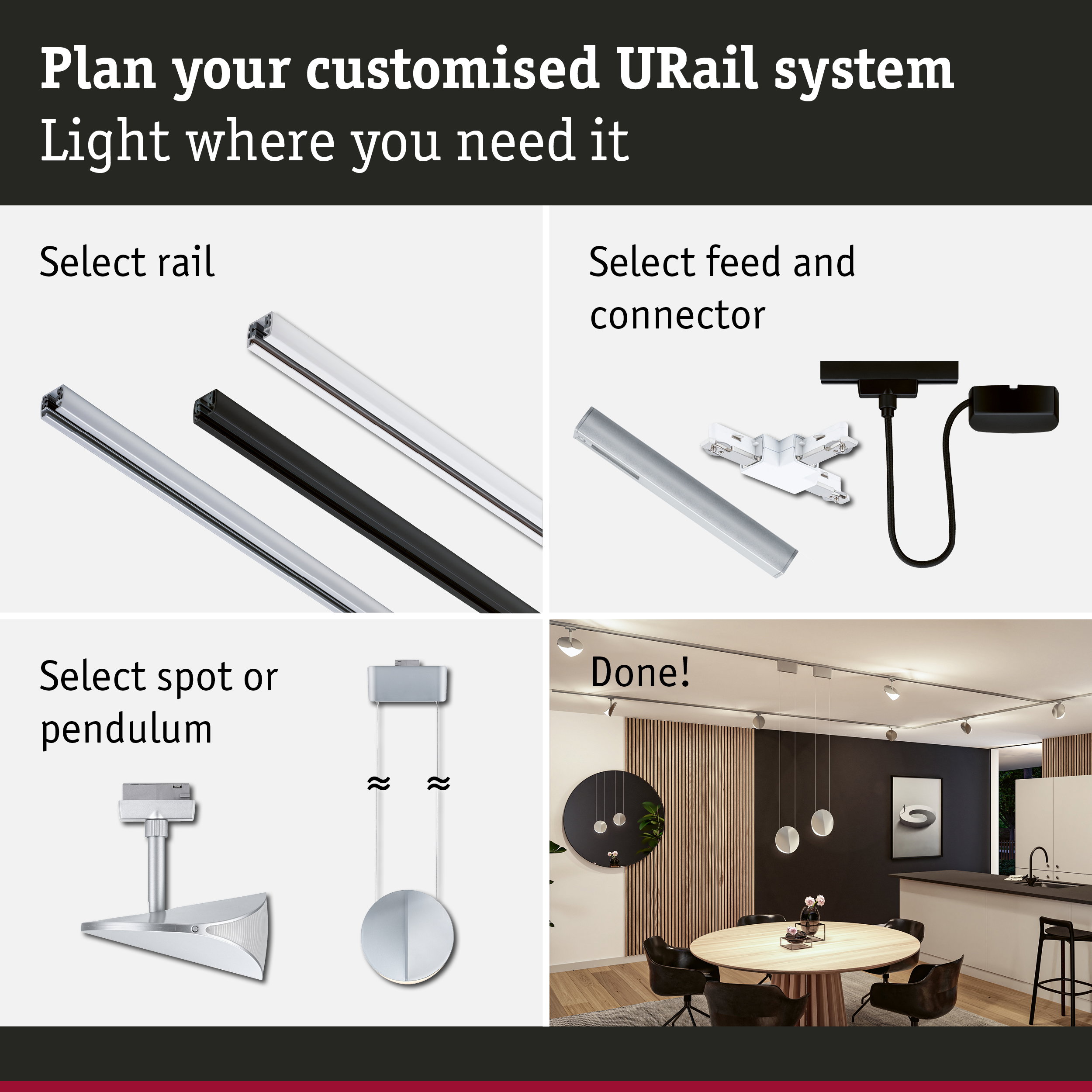 Modular URail aluminium rail system in black, white and silver for customizable lighting solutions.