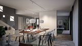 Salle à manger moderne avec table en bois, chaises blanches et éclairage LED minimaliste au plafond