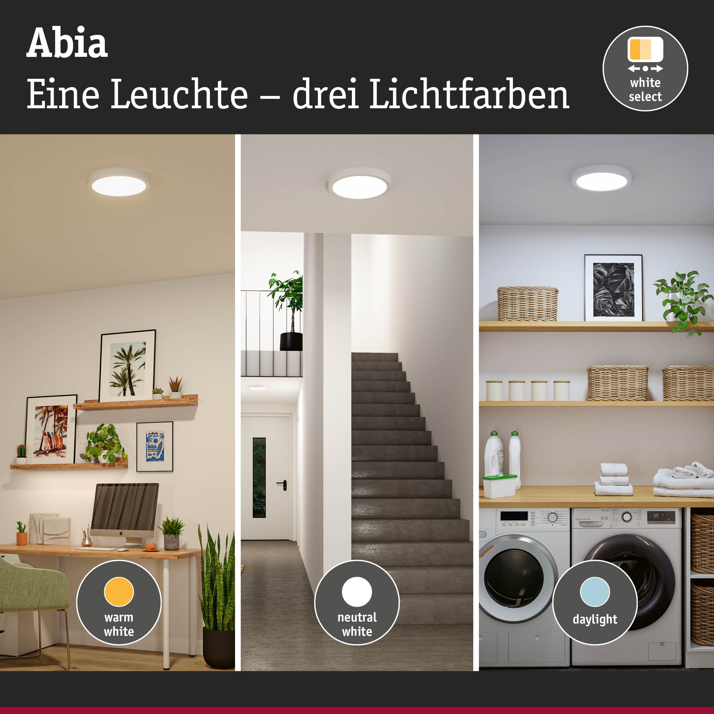 Abia Deckenleuchte in Weiß mit drei Lichtfarben: warmweiß, neutralweiß und tageslicht für flexible Raumbeleuchtung