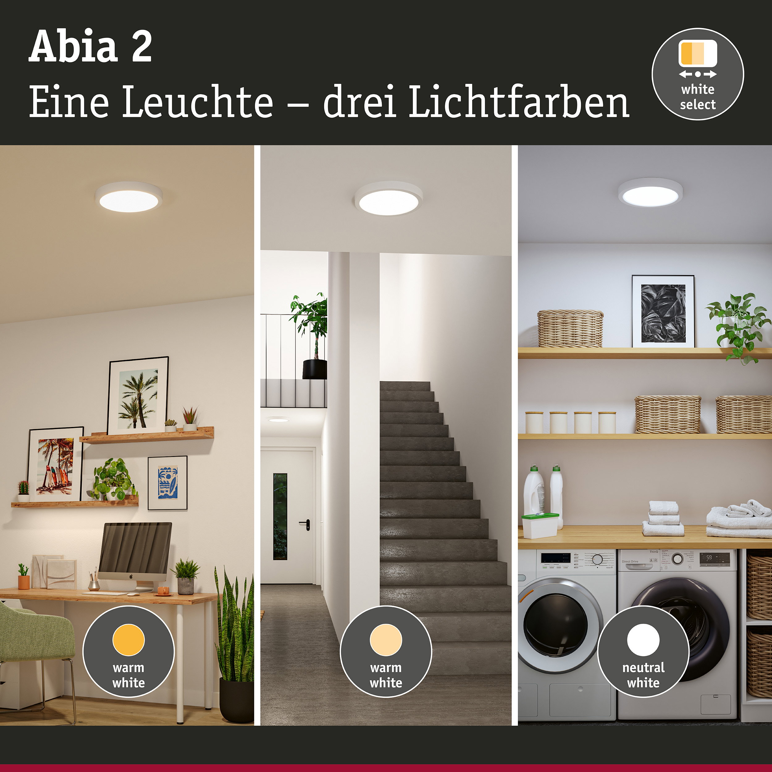 Abia Deckenleuchte in Weiß mit drei Lichtfarben: warmweiß, neutralweiß und tageslicht für flexible Raumbeleuchtung
