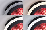Four views of a black ceiling light with red LED pattern and adjustable white light color